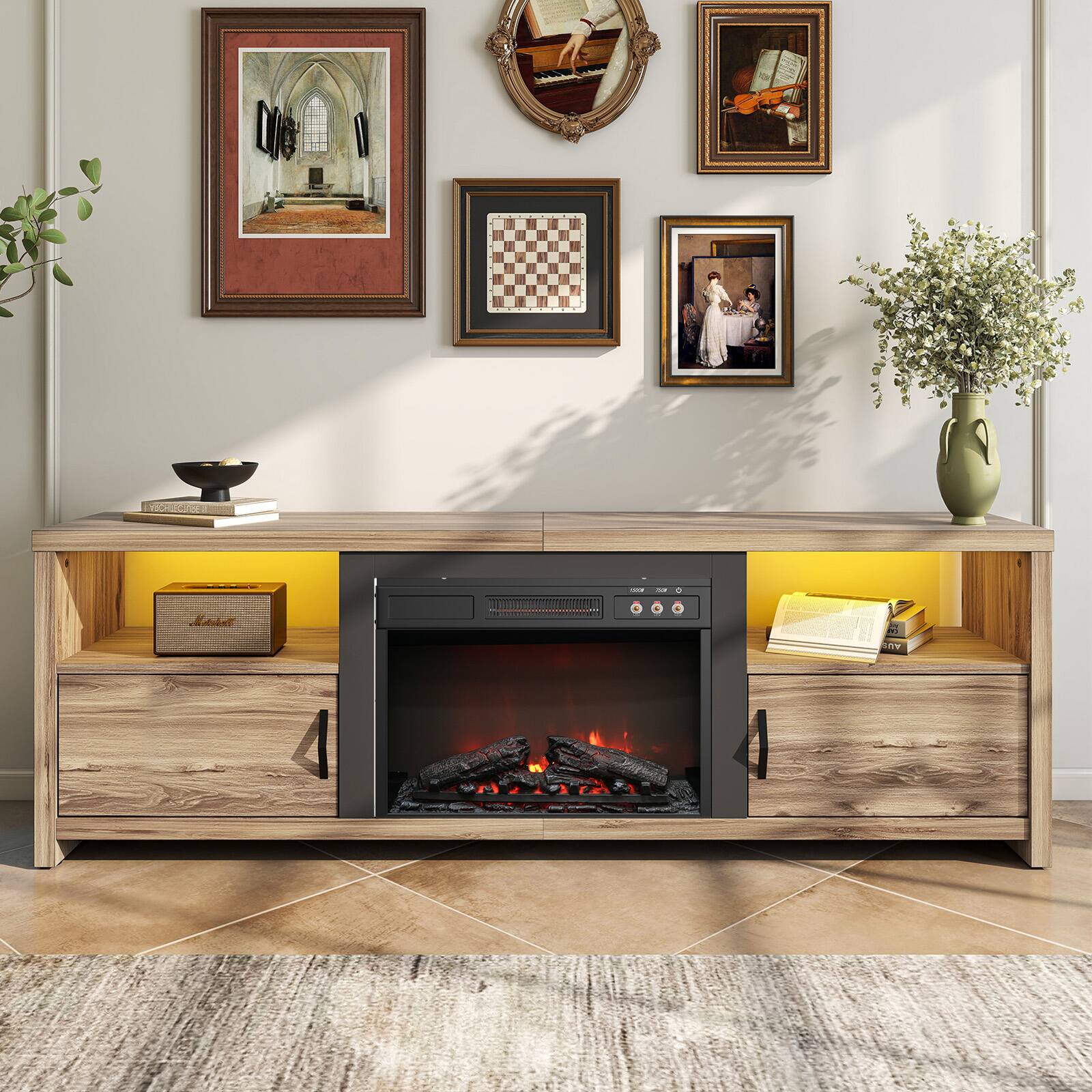 Angle. Bestier - 71-inch Fireplace TV Stand with RGB Lights Entertainment Centers, Open Shelves & Cable Management - Pine.
