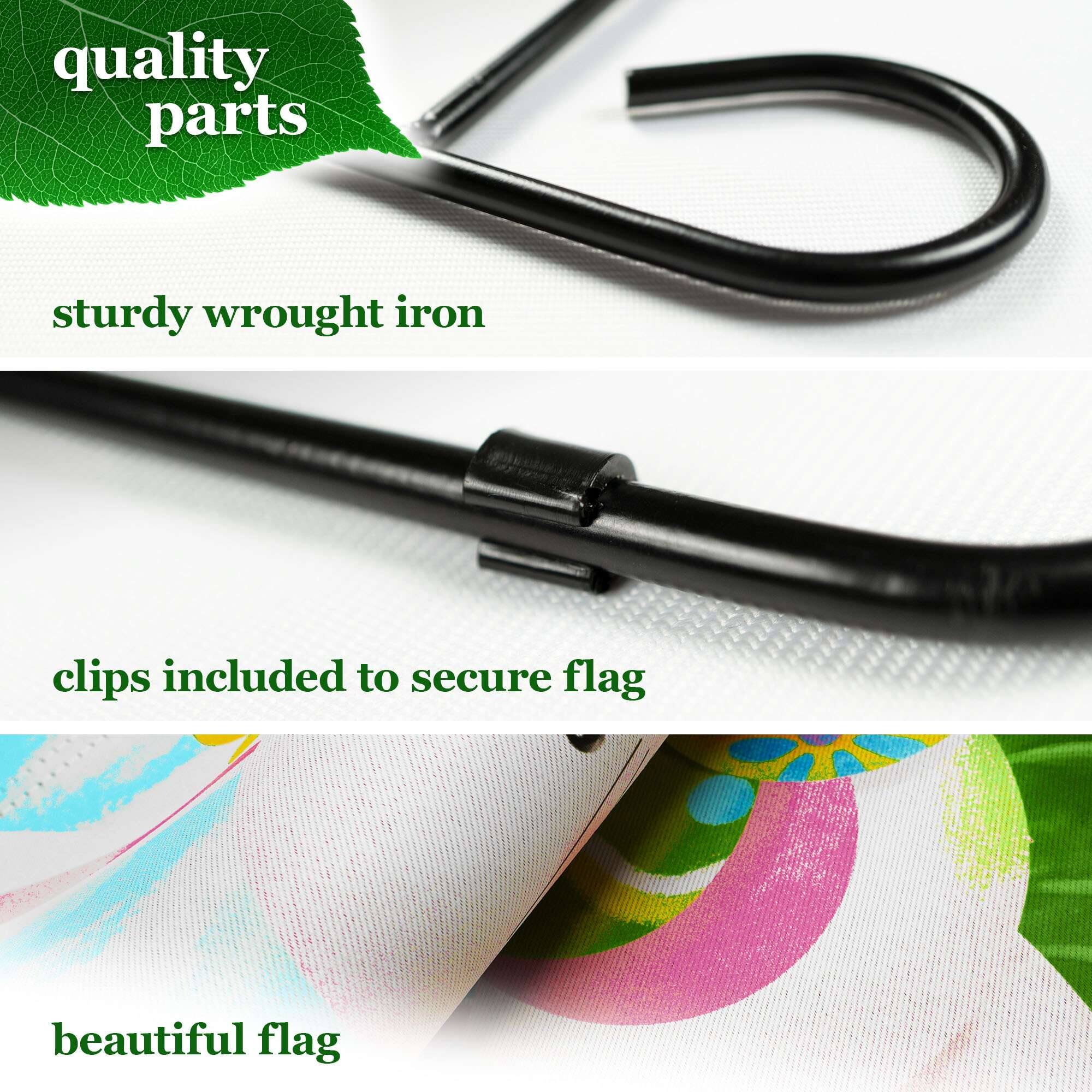 quality parts  
sturdy wrought iron  
clips included to secure flag  
beautiful flag
