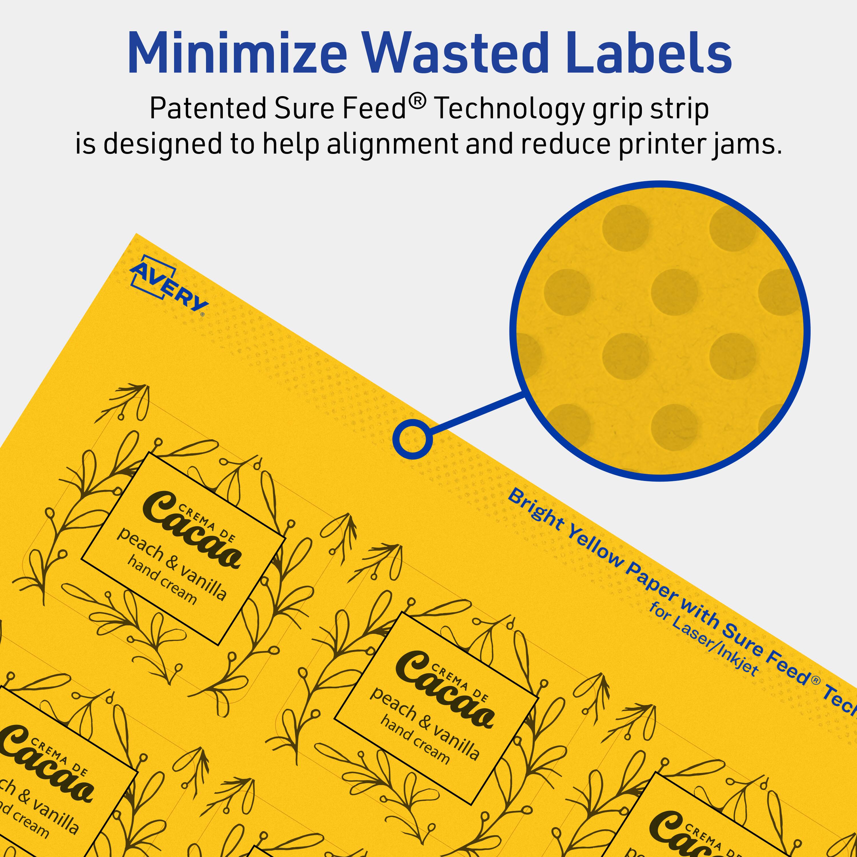 Minimize Wasted Labels

Patented Sure Feed® Technology grip strip is designed to help alignment and reduce printer jams.

AVERY

Bright Yellow Paper with Sure Feed® Technology for Laser/Inkjet

Cacaua CREMA DE peach & vanilla hand cream

Cacaua CREMA DE peach & vanilla hand cream