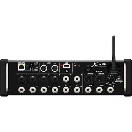REMOTE ETHERNET 1 WIFI CLIENT ACCESS POINT 2 IN MIDI 3 OUT 4 USB 5 + 6 XAIR XR12 MAIN L MAIN R 7 8 9 10 HI-2 11 MI-Z 12 AUX 1 AUX 2 behringer MIN MAX LEVEL