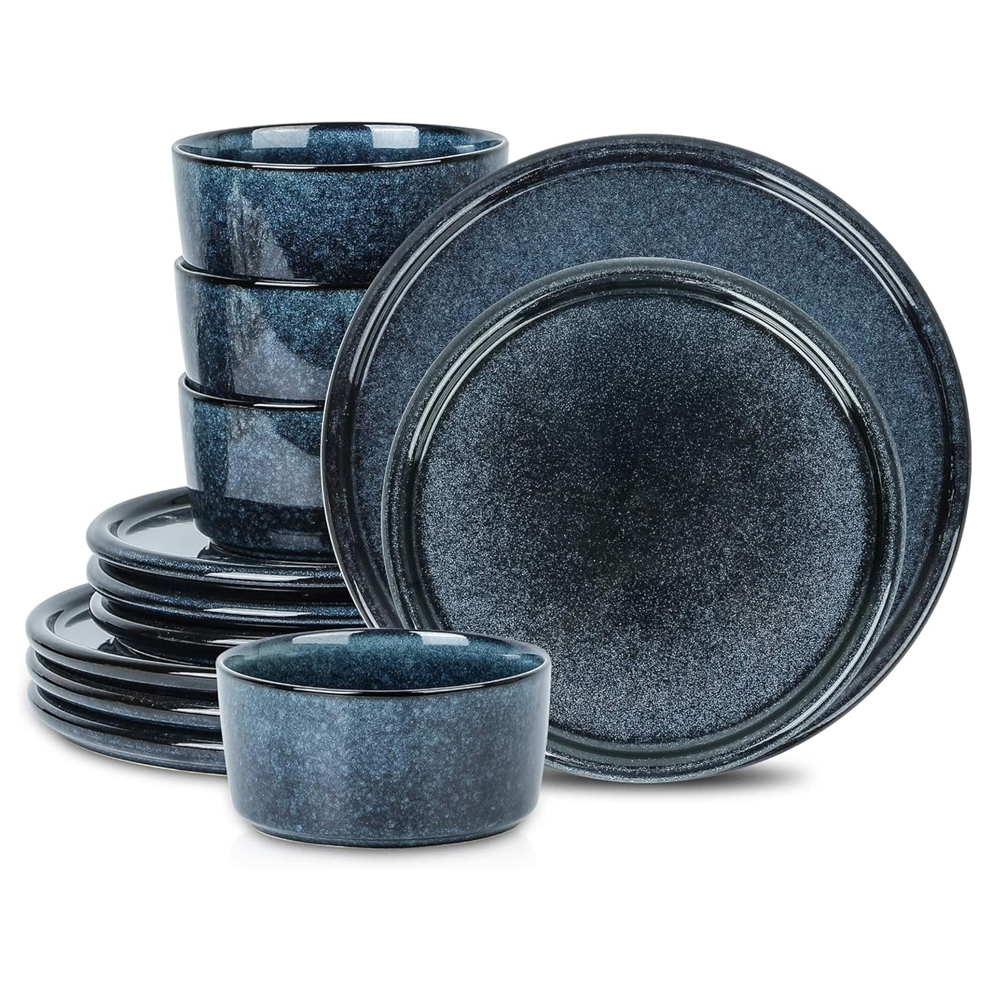Stone Lain - 12 Piece Modern Stoneware Dinnerware Set Plates, Bowls - Dark Blue