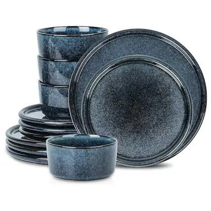 Front. Stone Lain - Stone Lain 12 Piece Modern Stoneware Dinnerware Set Plates, Bowls, Dark Blue - Dark Blue.