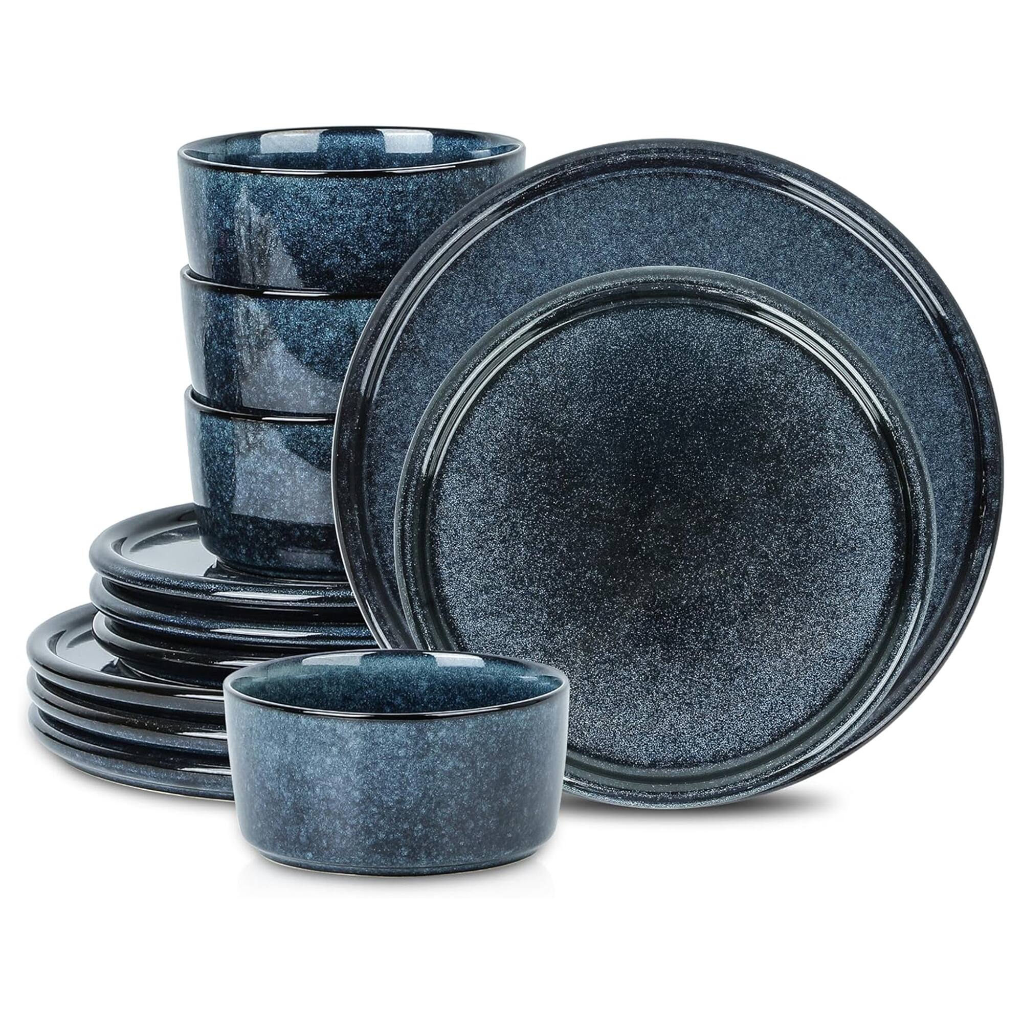 Front. Stone Lain - Stone Lain 12 Piece Modern Stoneware Dinnerware Set Plates, Bowls, Dark Blue - Dark Blue.