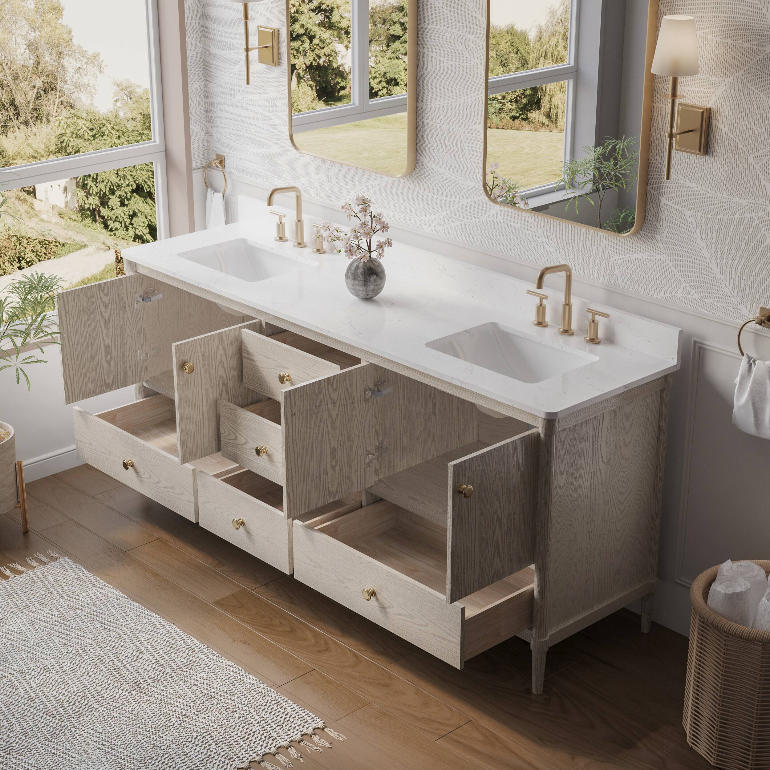 Left. WELLFOR - ETHAN 80 in. Solid Wood Bath Vanity with Quartz Top, Double Sink, Soft Close, Assembled - OAK.
