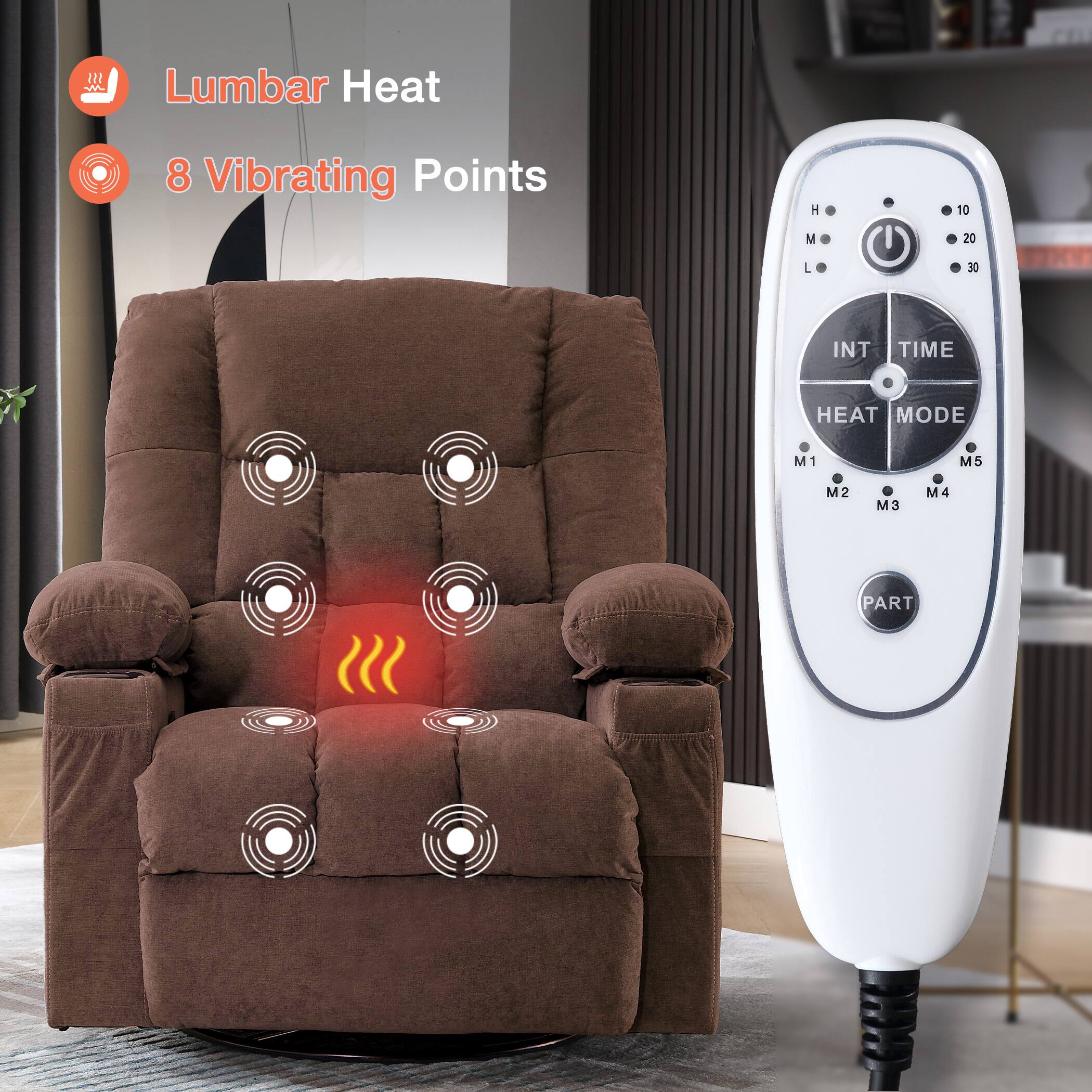 Lumbar Heat  
8 Vibrating Points  

INT TIME  
HEAT MODE  
M1 M5 M2 M3 M4  
PART  

H M L  
10 20 30