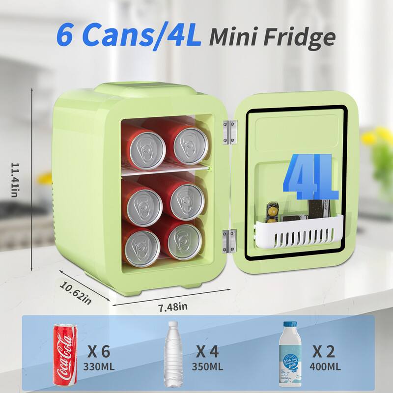 6 Cans/4L Mini Fridge

11.41in x 10.62in x 7.48in

X 6 330ML
X 4 350ML
X 2 400ML