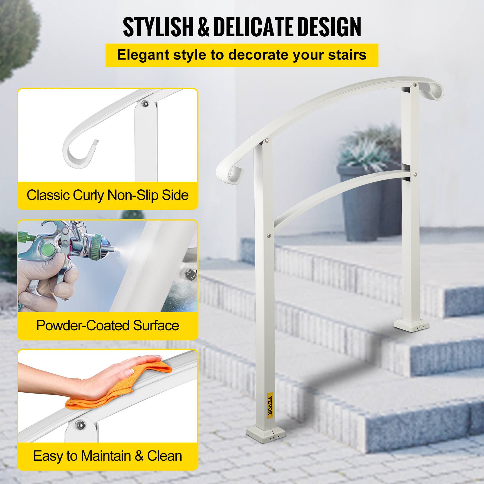 STYLISH & DELICATE DESIGN
Elegant style to decorate your stairs
Classic Curly Non-Slip Side
Powder-Coated Surface
Easy to Maintain & Clean