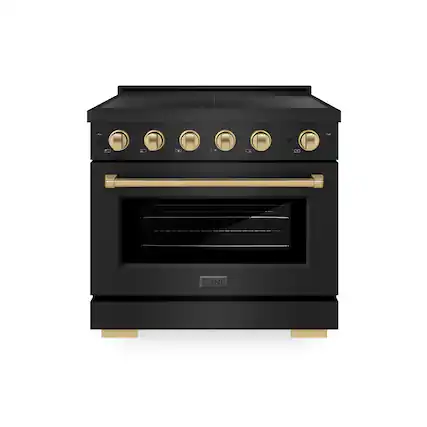 Front. ZLINE - Autograph 36 in. 5.2 cu. ft. Paramount Freestanding Induction Range with 5 Burners in Black Steel with Bronze Accents - Black Stainless Steel.