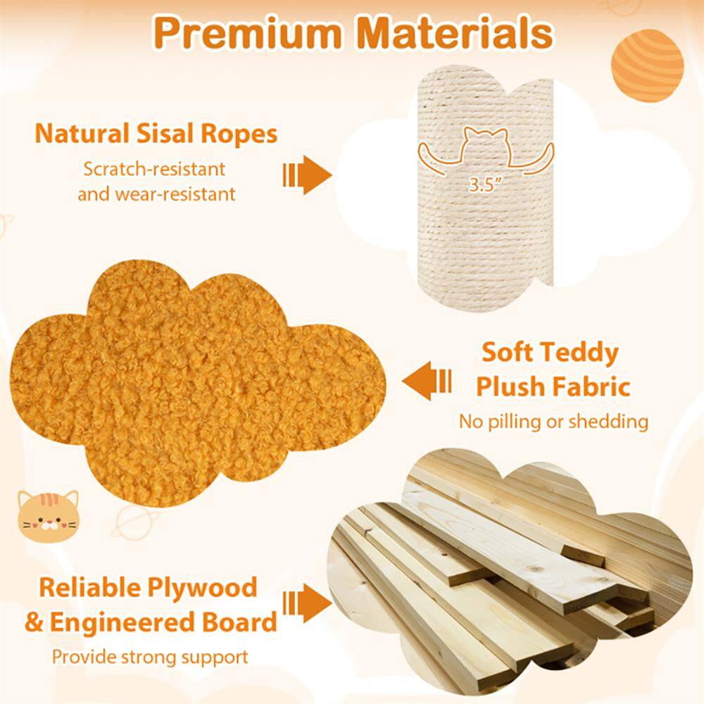 Premium Materials

- Natural Sisal Ropes
  - Scratch-resistant and wear-resistant

- Soft Teddy Plush Fabric
  - No pilling or shedding

- Reliable Plywood & Engineered Board
  - Provide strong support
