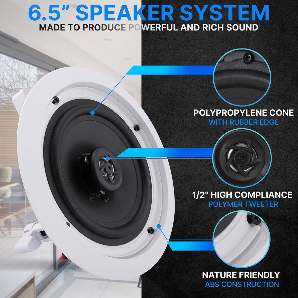 6.5" SPEAKER SYSTEM  
MADE TO PRODUCE POWERFUL AND RICH SOUND  

- POLYPROPYLENE CONE WITH RUBBER EDGE  
- 1/2" HIGH COMPLIANCE POLYMER TWEETER  
- NATURE FRIENDLY ABS CONSTRUCTION