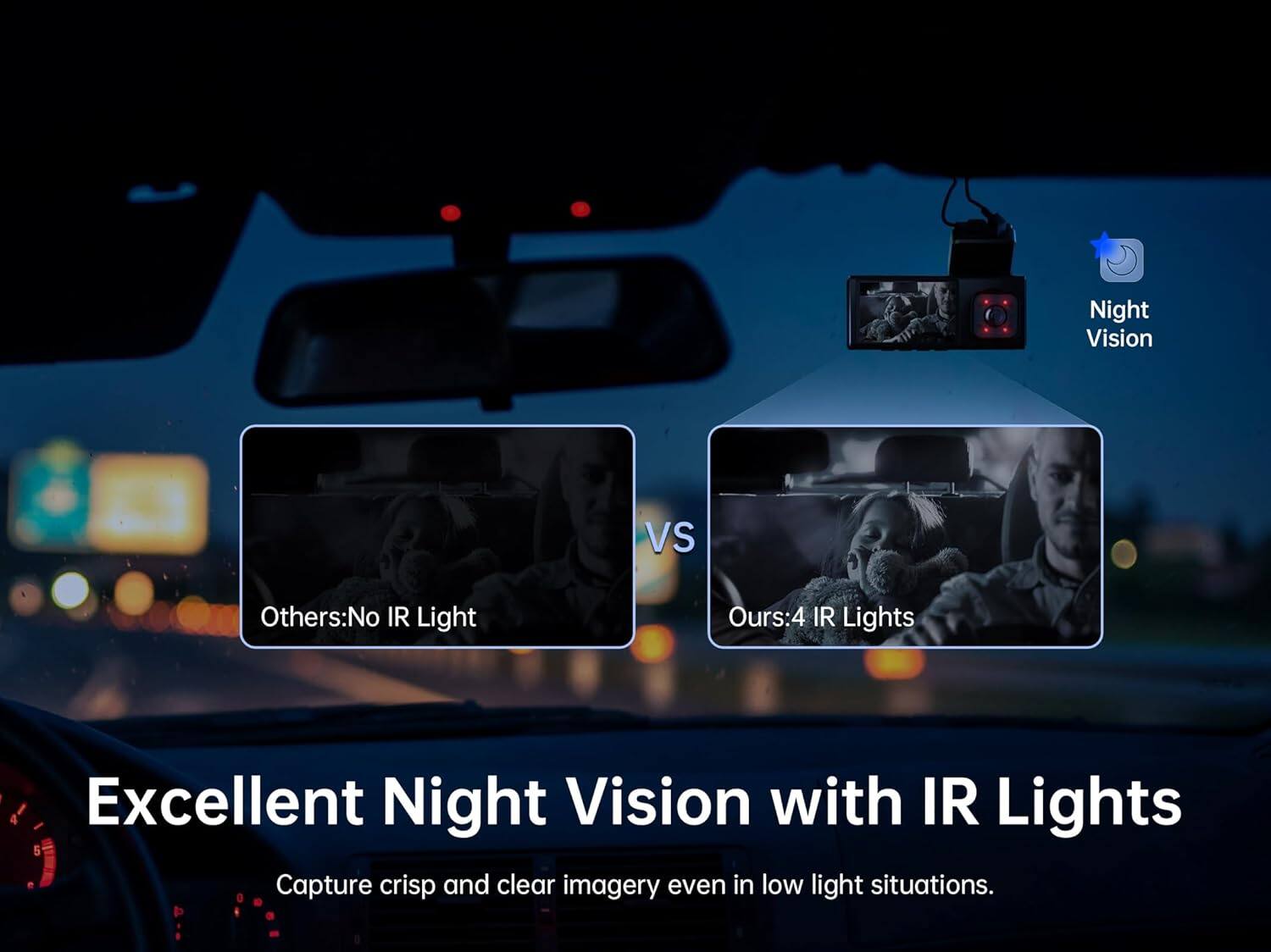 Night Vision VS Others:  
Others: No IR Light  
Ours: 4 IR Lights  
Excellent Night Vision with IR Lights  
Capture crisp and clear imagery even in low light situations.