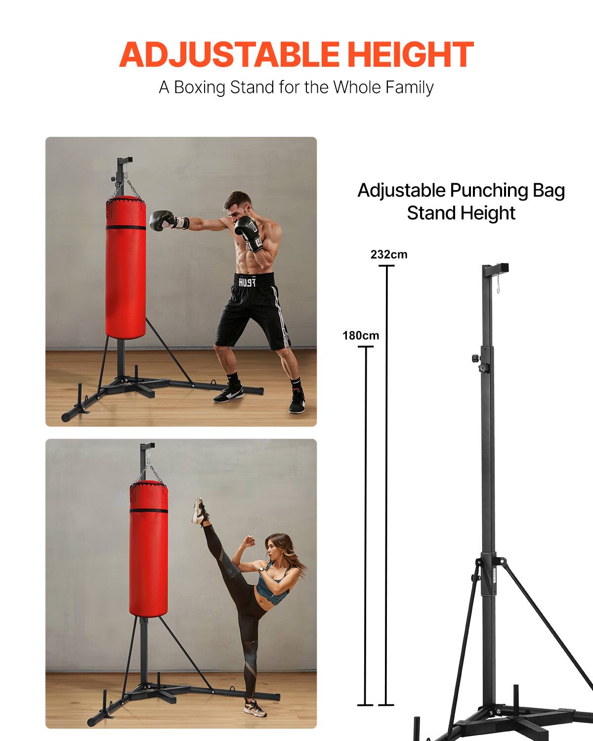 ADJUSTABLE HEIGHT
A Boxing Stand for the Whole Family

Adjustable Punching Bag Stand Height
232cm
180cm