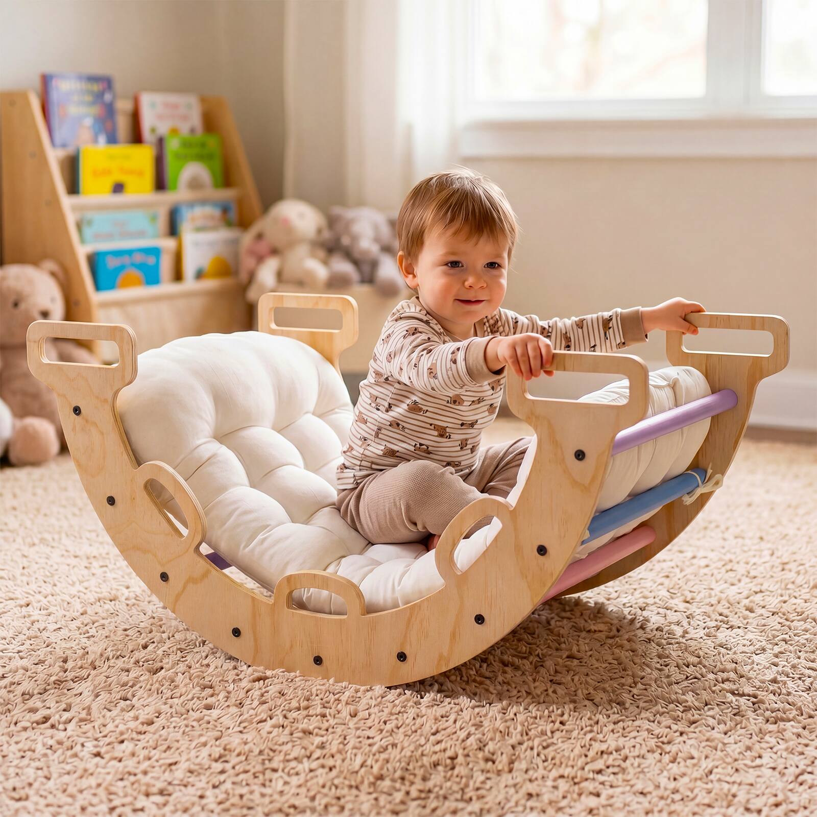 Alt View 1. Costway - Costway Wooden Rocking Climbing Arch with Cushion, 3-in-1 Montessori Kids Climber Rocker - Multicolor.