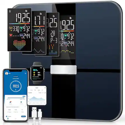 Sure, here is the corrected and grouped text from the image:
---
**Smart Scale Display:**
- **Weight:** 192.5 lb
- **Body Fat %:** 33.0%
- **BMI:** 24.4
- **Age:** 28
- **P-3:** 92
---
**Smartwatch Display:**
- **Weight:** 192.5 lb
- **BMI:** 24.4
- **Body Fat %:** 55.6%
- **Age:** 28
- **P-3:** 92
---
**Mobile App Display:**
- **User:** Amy
- **Connected:** 17-Apr-2025
- **Weight:** 192.5 lb
- **Body Fat %:** 33.0%
- **BMI:** 24.4
- **Age:** 28
- **P-3:** 92
- **Comparison:** 15:54 Mar 28, 2025
- **Weight:** 0.5 lb
- **Body Fat:** 0.5%
- **