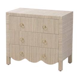 bali & pari - Umika Grasscloth Nightstand with Scalloped Base - 3-Drawer Accent Chest with Gold Ring Pulls, Bedroom Storage Table - Beige/Gold