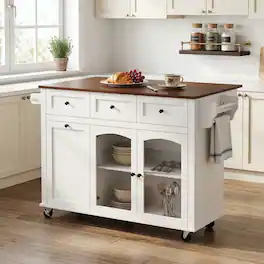 Loheer - 54.2 inch mobile kitchen island rolling kitchen cart with trash bin cabinet white and walnut kitchen prep table - White+Walnut