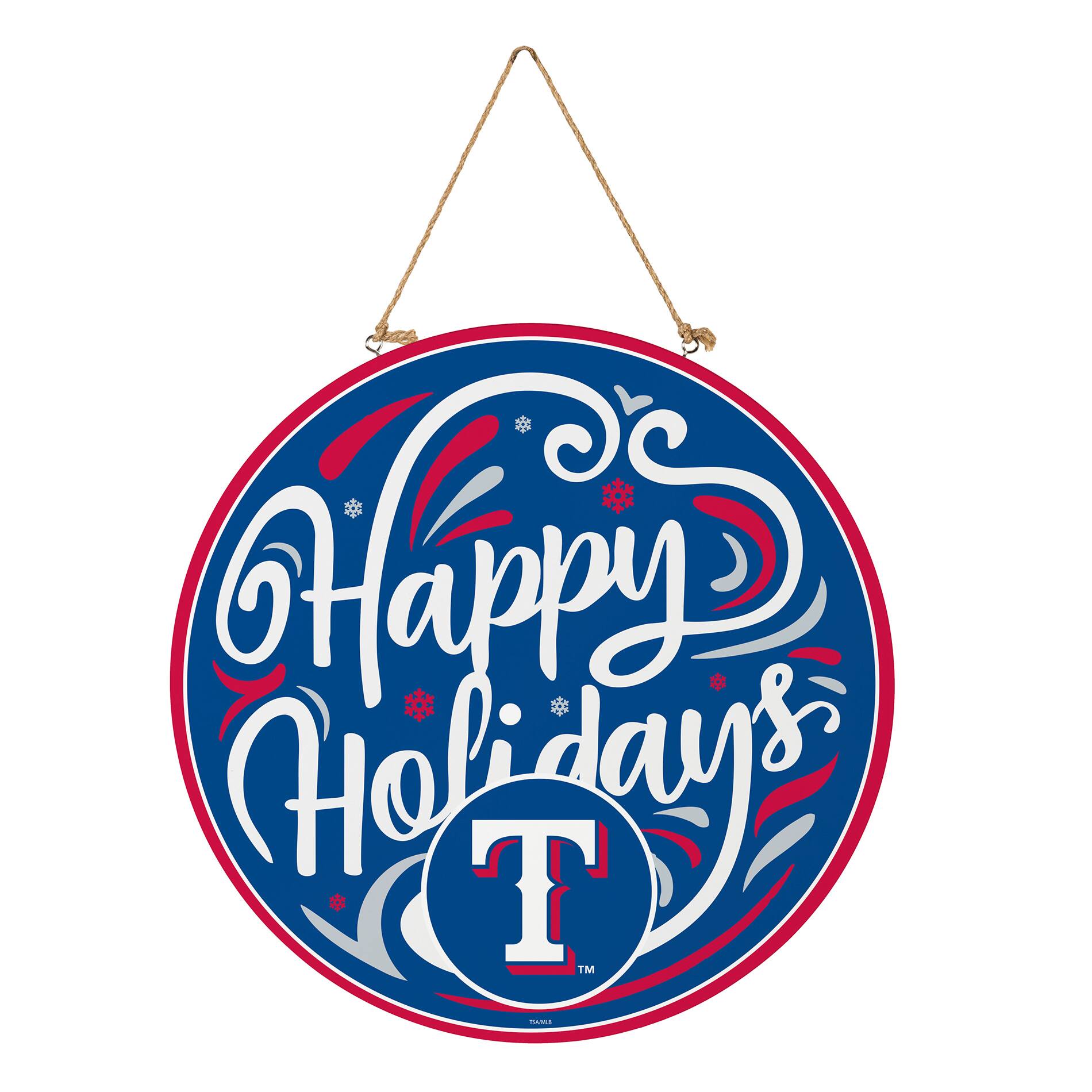 Alt View 2. Evergreen Enterprises - Texas Rangers 18" Happy Holidays Wooden Round Door Sign - Multicolor.