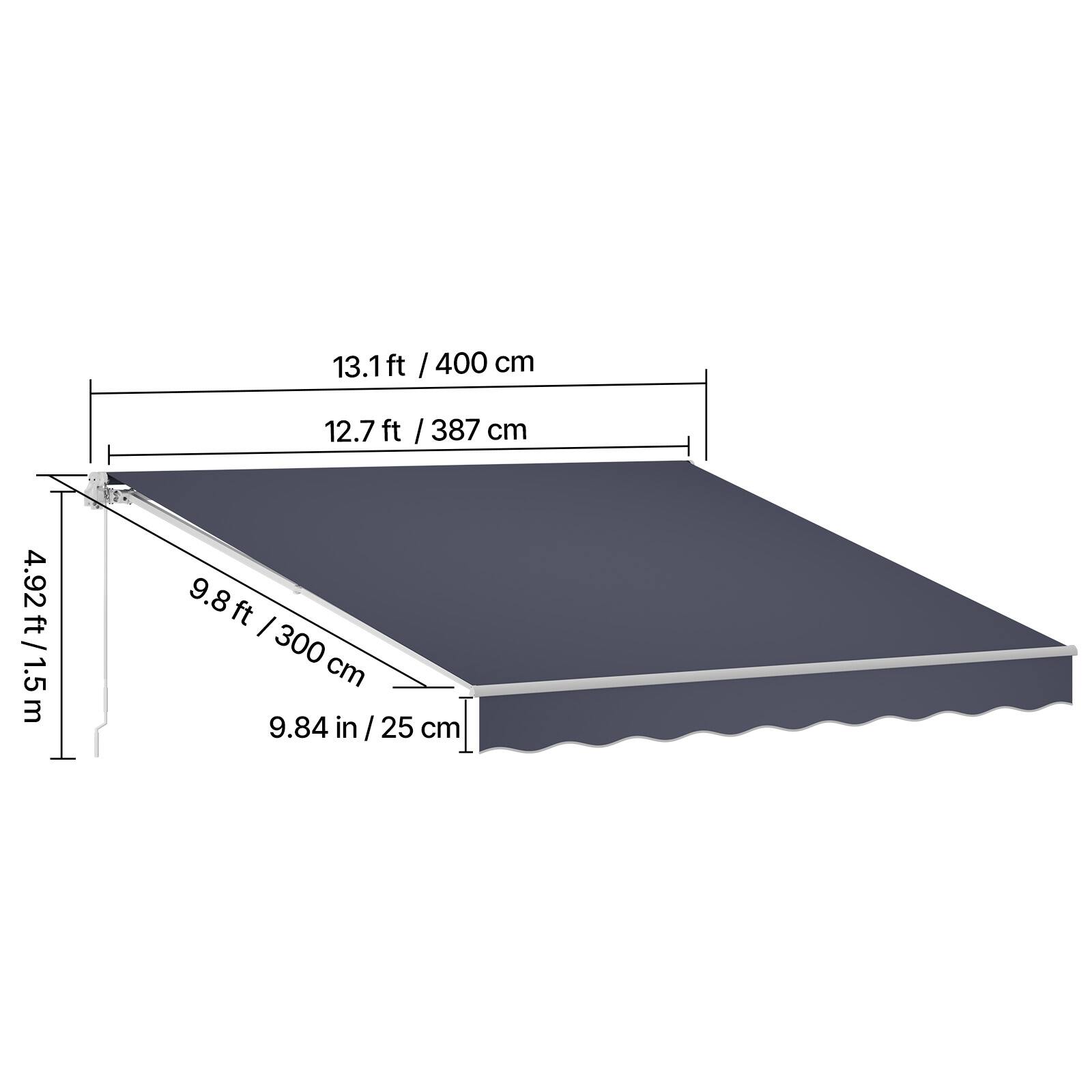 13.1 ft / 400 cm  
12.7 ft / 387 cm  
4.92 ft / 1.5 m  
9.8 ft / 300 cm  
9.84 in / 25 cm