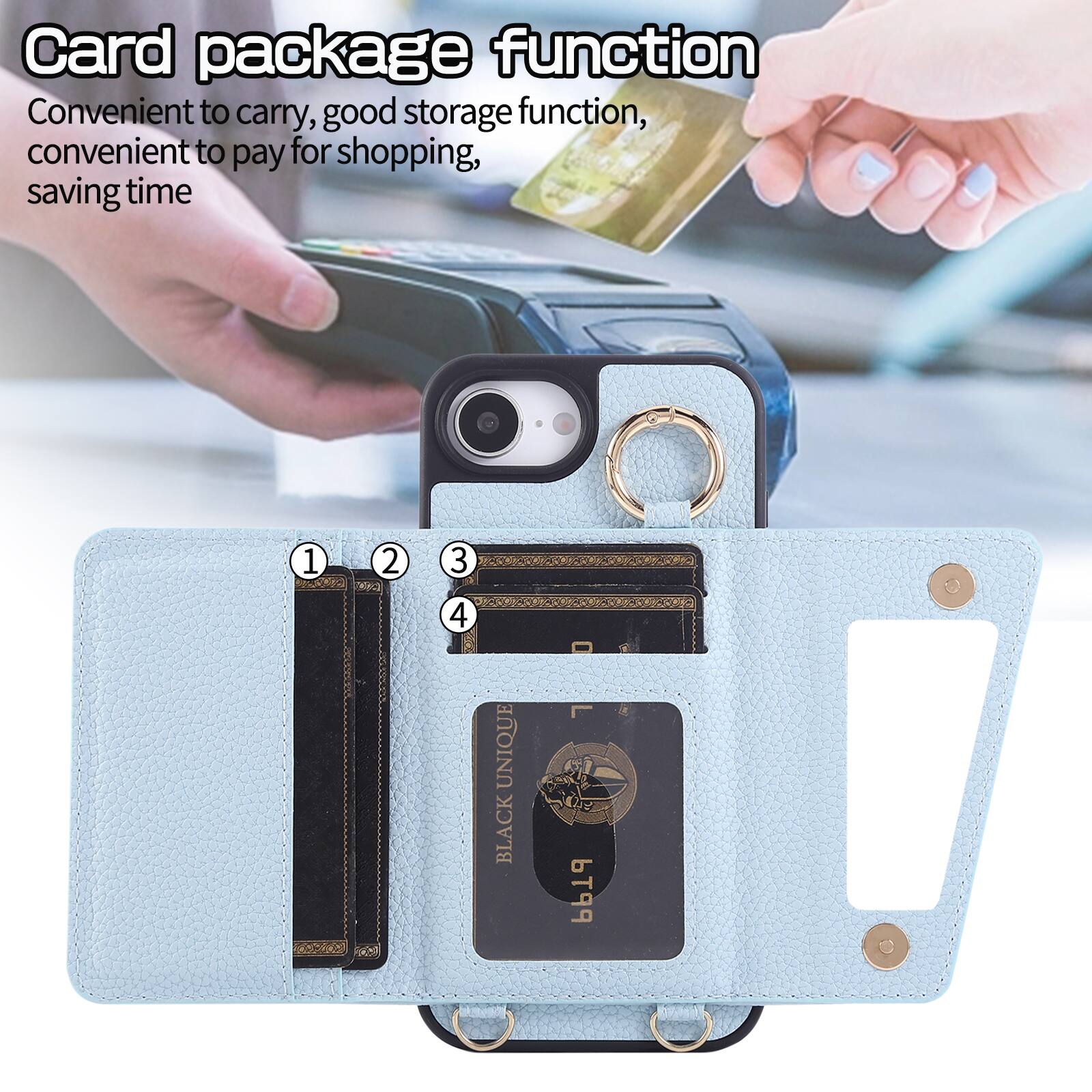 Card package function  
Convenient to carry, good storage function, convenient to pay for shopping, saving time  

1 2 3 4  

UNIQUE BLACK PPT