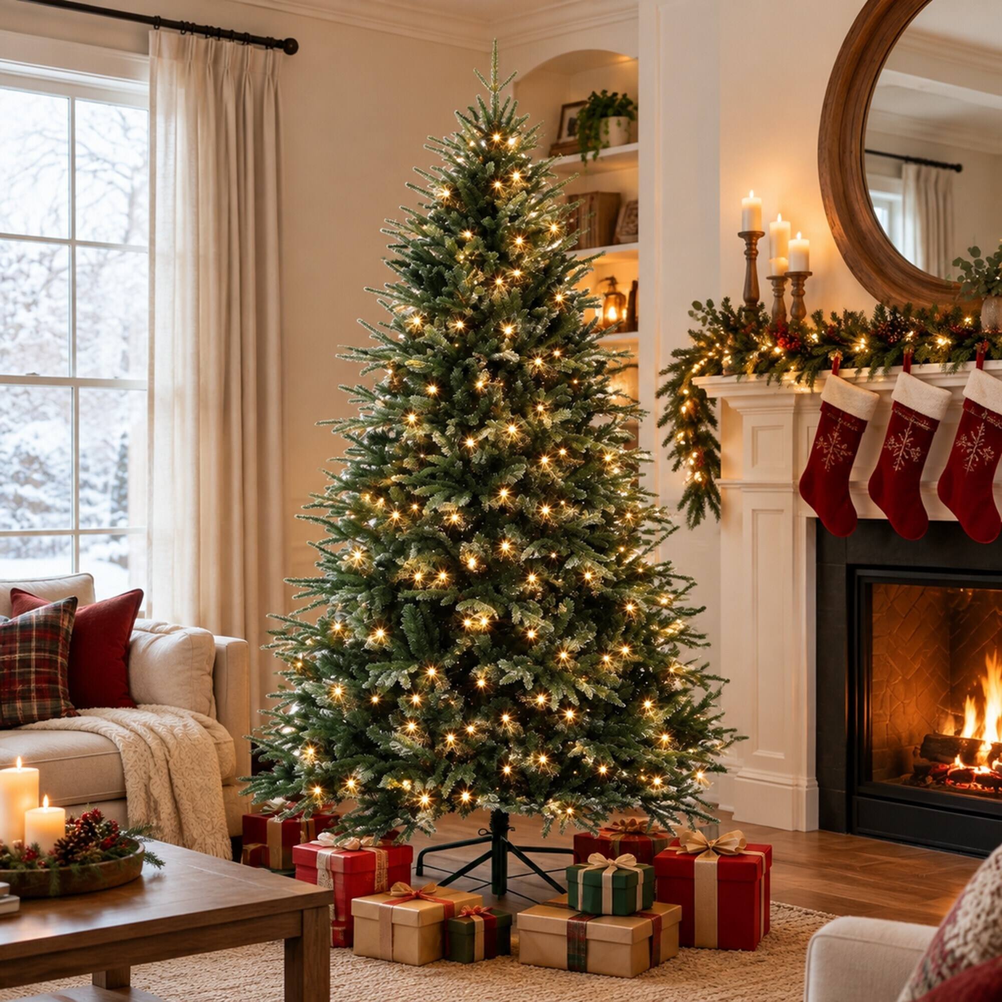 Angle. RYHNUYNE - Pre-Lit Artificial Christmas Tree With Quick Assembly and Lush Realistic Branches - Green.