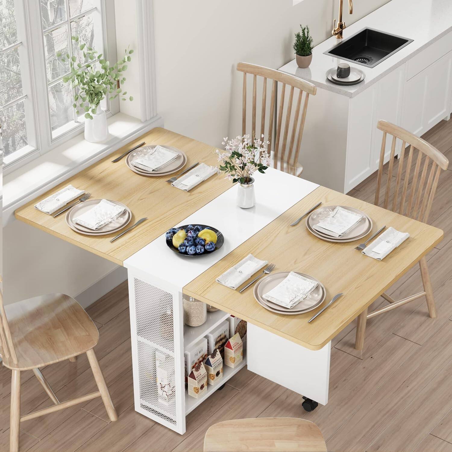Alt View 1. Jojoka - 50.1" Folding Dining Table for 4, Expandable Drop Leaf Table with 6 Wheels & Storage Shelf - Natural.