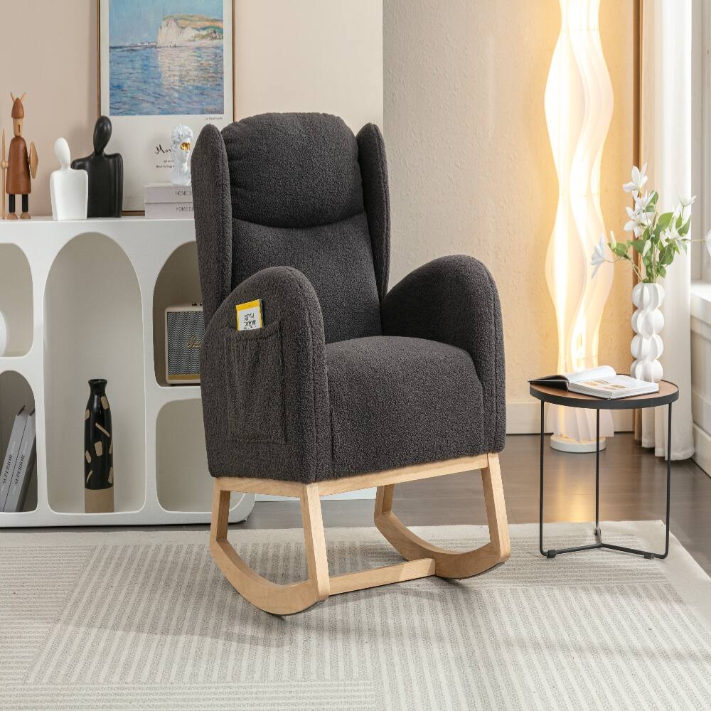 Alt View 2. Loheer - Loheer Teddy Fabric Rocking Chair Dark Gray Ergonomic Nursery Rocker with Wood Legs 300 lbs Capacity - Dark Gray.