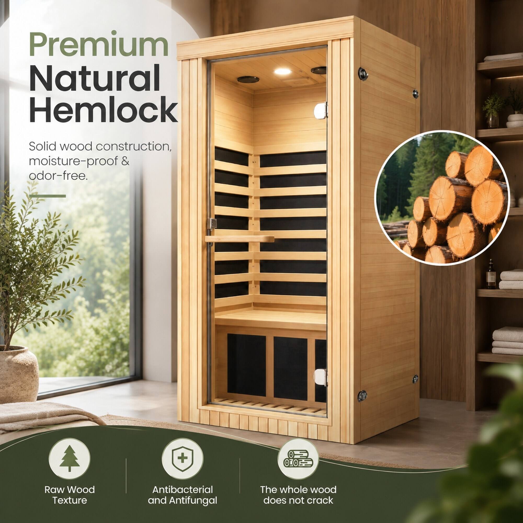 Premium Natural Hemlock Solid wood construction, moisture-proof & odor-free.

Raw Wood Texture
Antibacterial and Antifungal
The whole wood does not crack