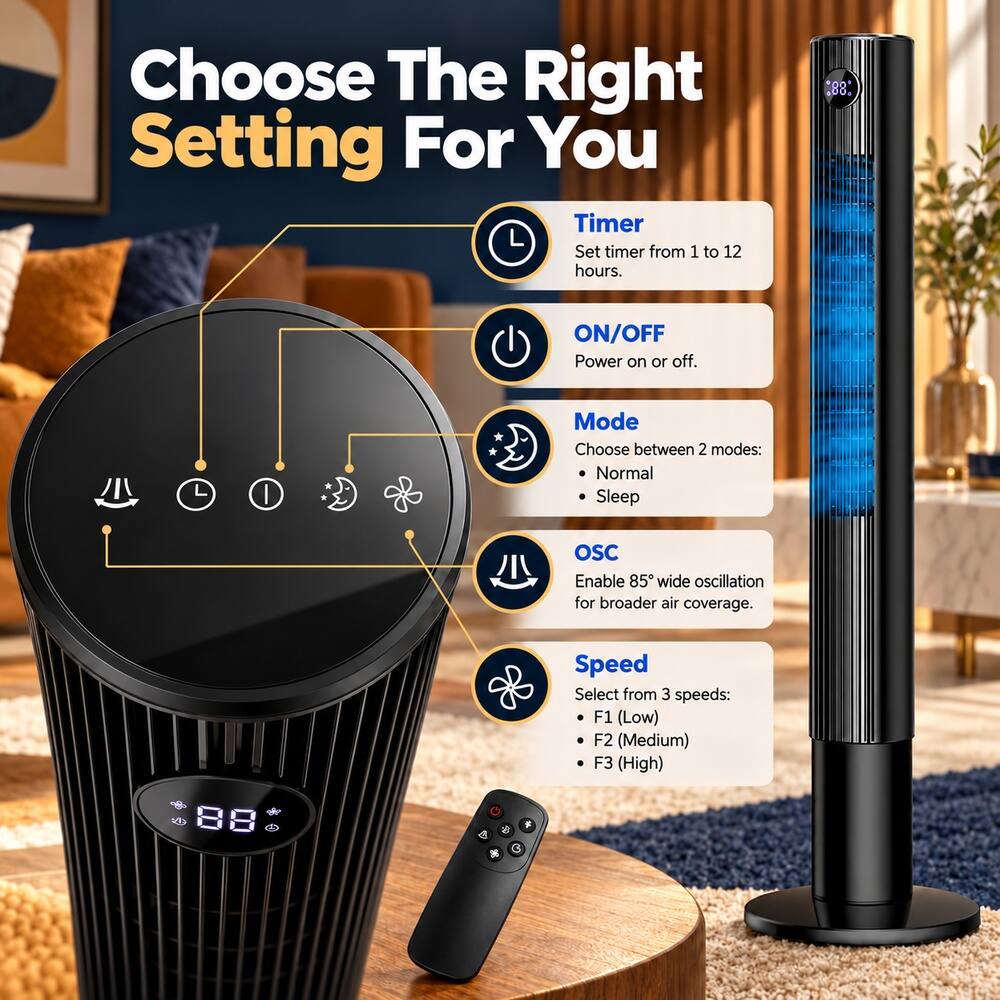 Choose The Right Setting For You

Timer
Set timer from 1 to 12 hours.

ON/OFF
Power on or off.

Mode
Choose between 2 modes:
- Normal
- Sleep

OSC
Enable 85° wide oscillation for broader air coverage.

Speed
Select from 3 speeds:
- F1 (Low)
- F2 (Medium)
- F3 (High)