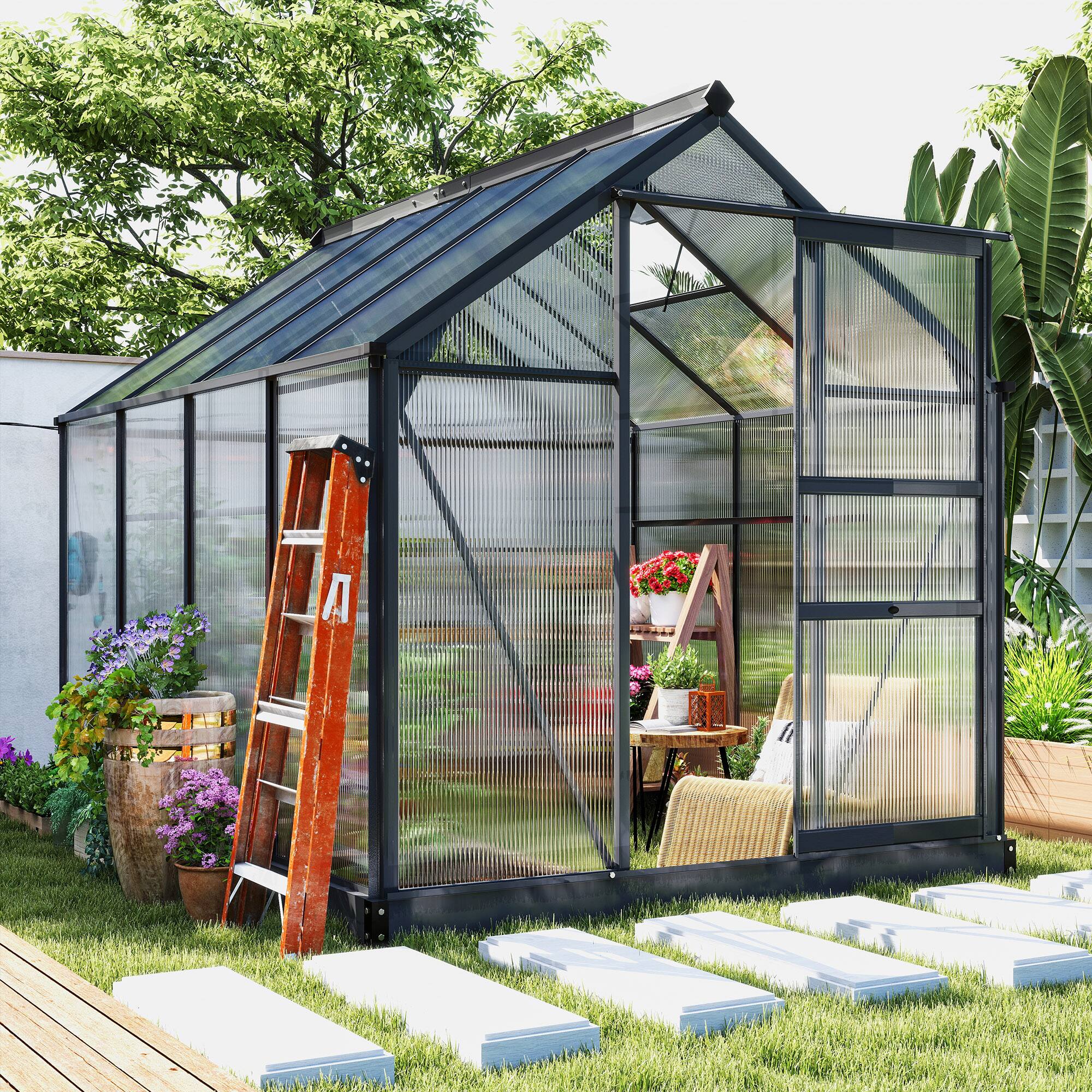 Alt View 1. Outsunny - Polycarbonate Greenhouse, Heavy Duty Outdoor Aluminum Walk-in Green House Kit Vent Door.