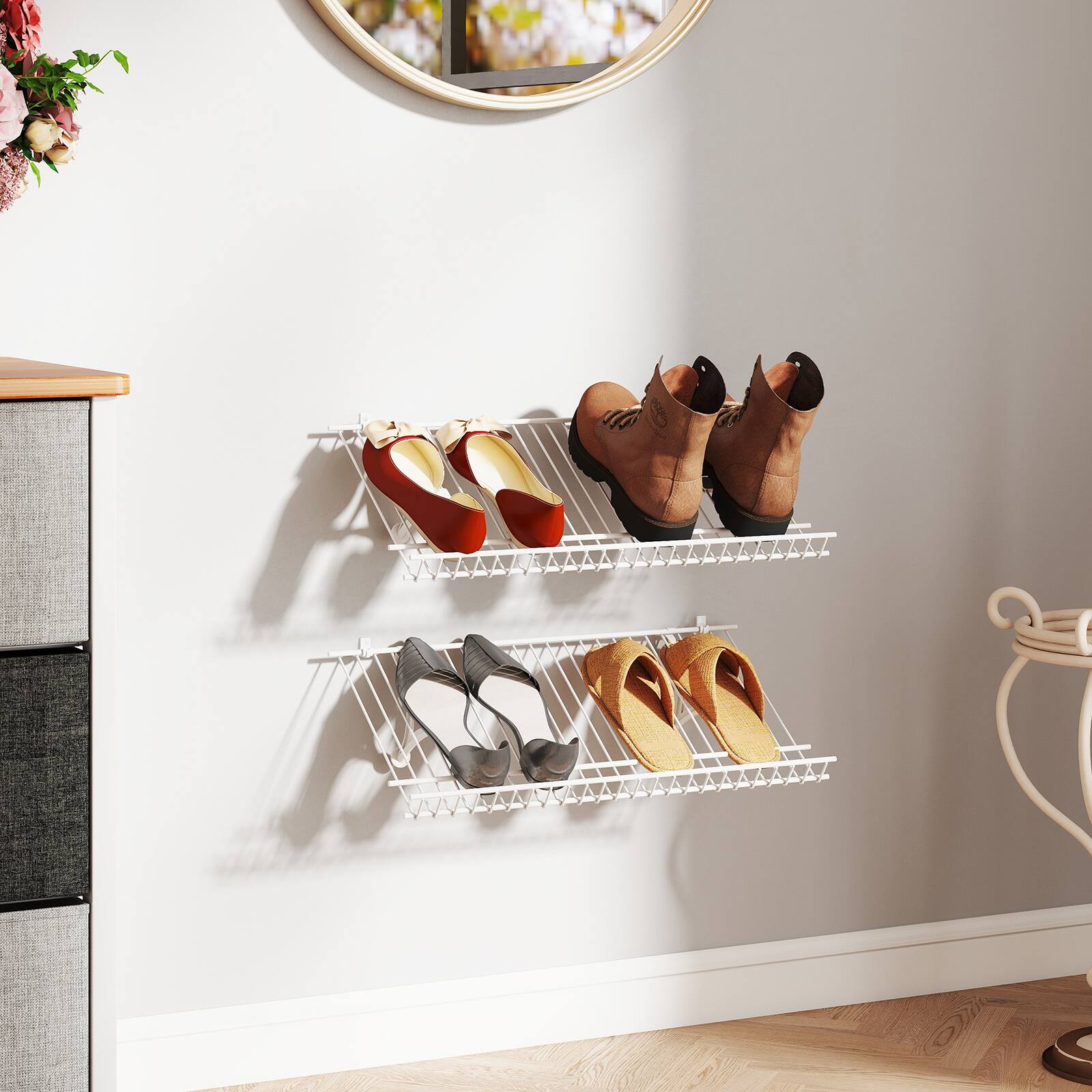 Alt View 4. Gymax - Gymax Set of 2 Metal Wire Shelving Unit Sloping Shoe Racks w/ Heightened Edge - White.