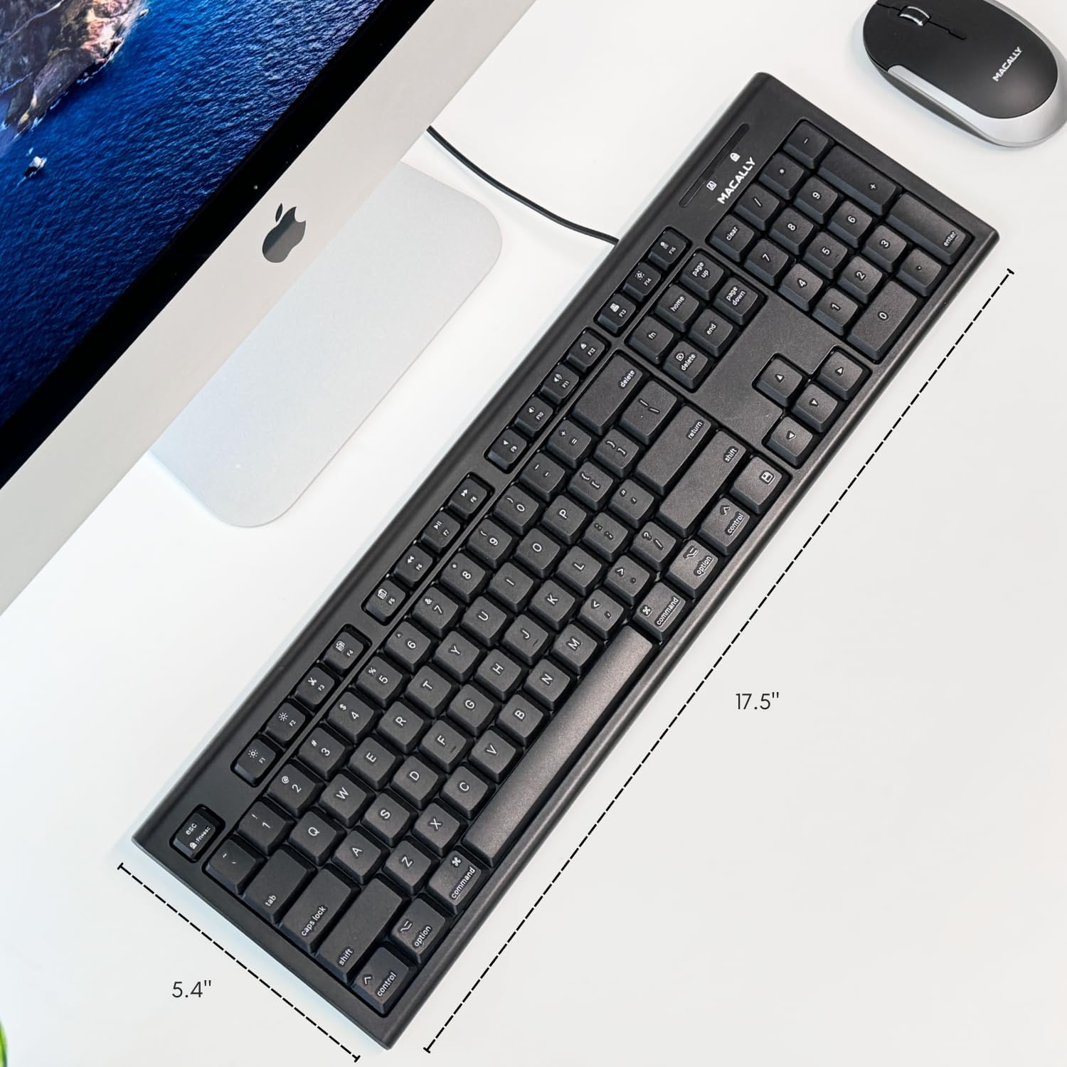 The image shows a compact keyboard with a wireless mouse. The keyboard measures 17.5 inches in length and 5.4 inches in width.