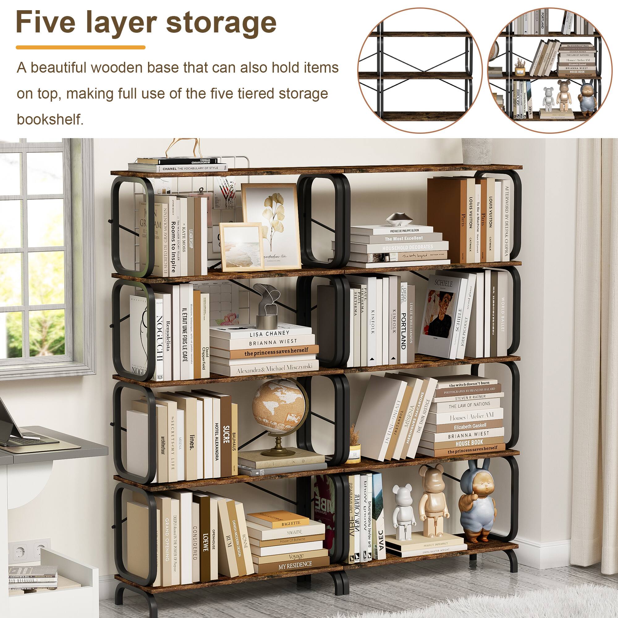 Five layer storage

A beautiful wooden base that can also hold items on top, making full use of the five tiered storage bookshelf.
