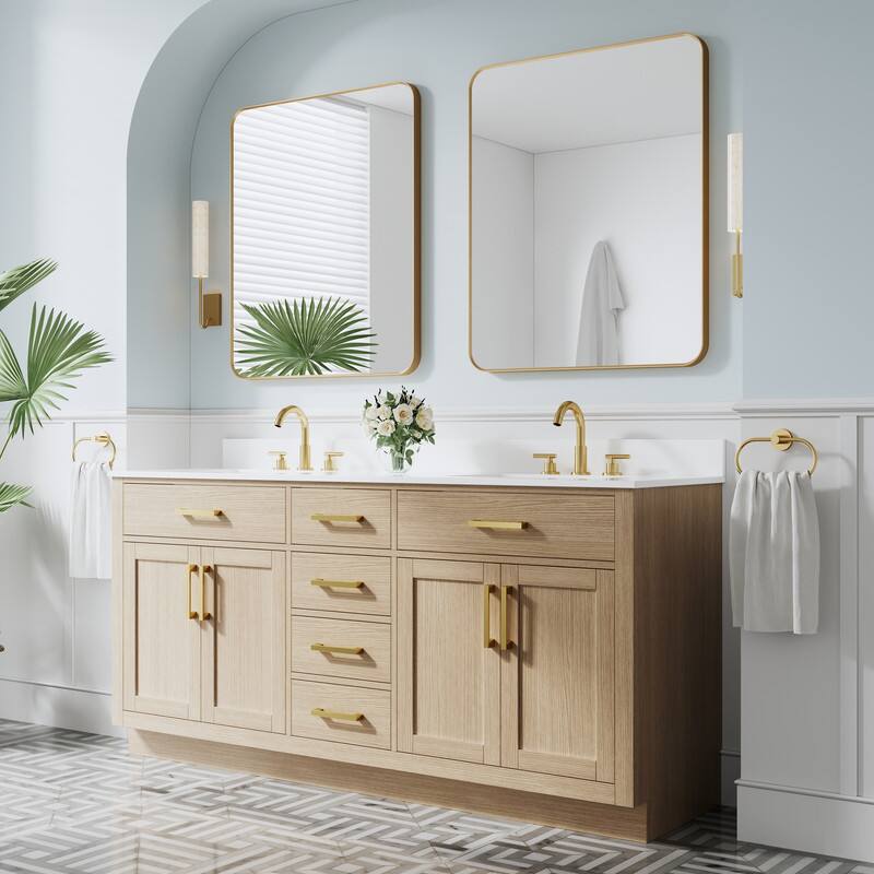 Angle. WELLFOR - 72" Solid Wood Bathroom Vanity with Double Sink, 4 Soft-Close Doors, 6 Drawers& Cultured Marble Countertop - OAK.