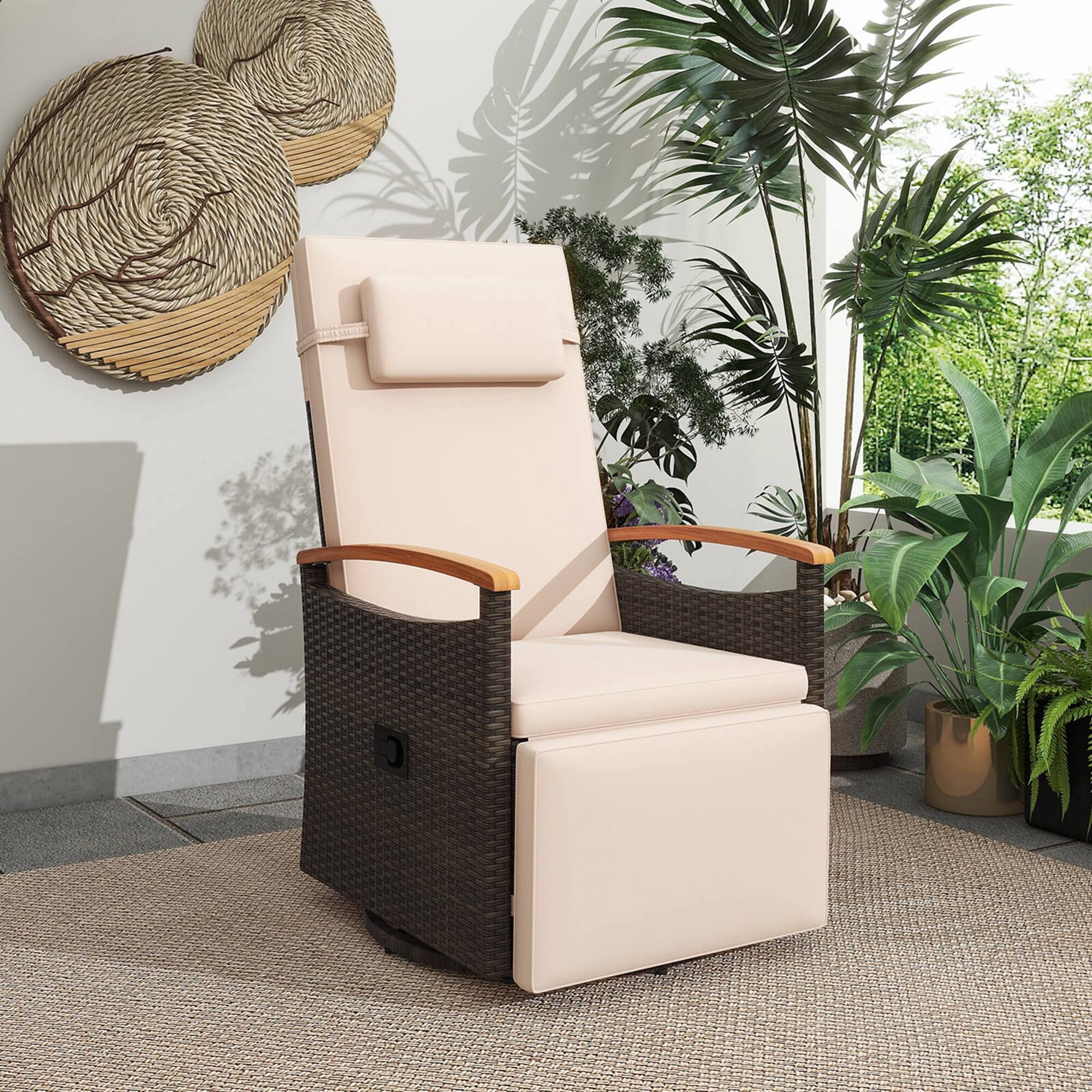 Alt View 3. Costway - Outdoor 360° Swivel Rattan Recliner Chair Patio Wicker Chaise Lounge Chair - Beige + Mix Brown.