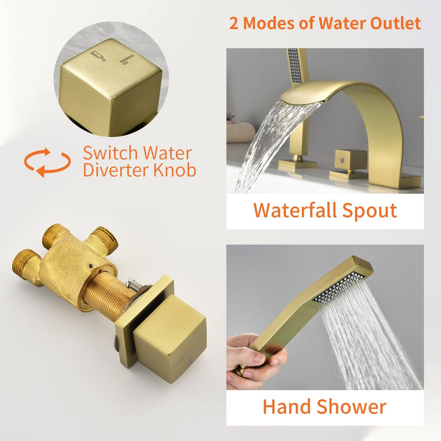 2 Modes of Water Outlet

Switch Water Diverter Knob

Waterfall Spout

Hand Shower