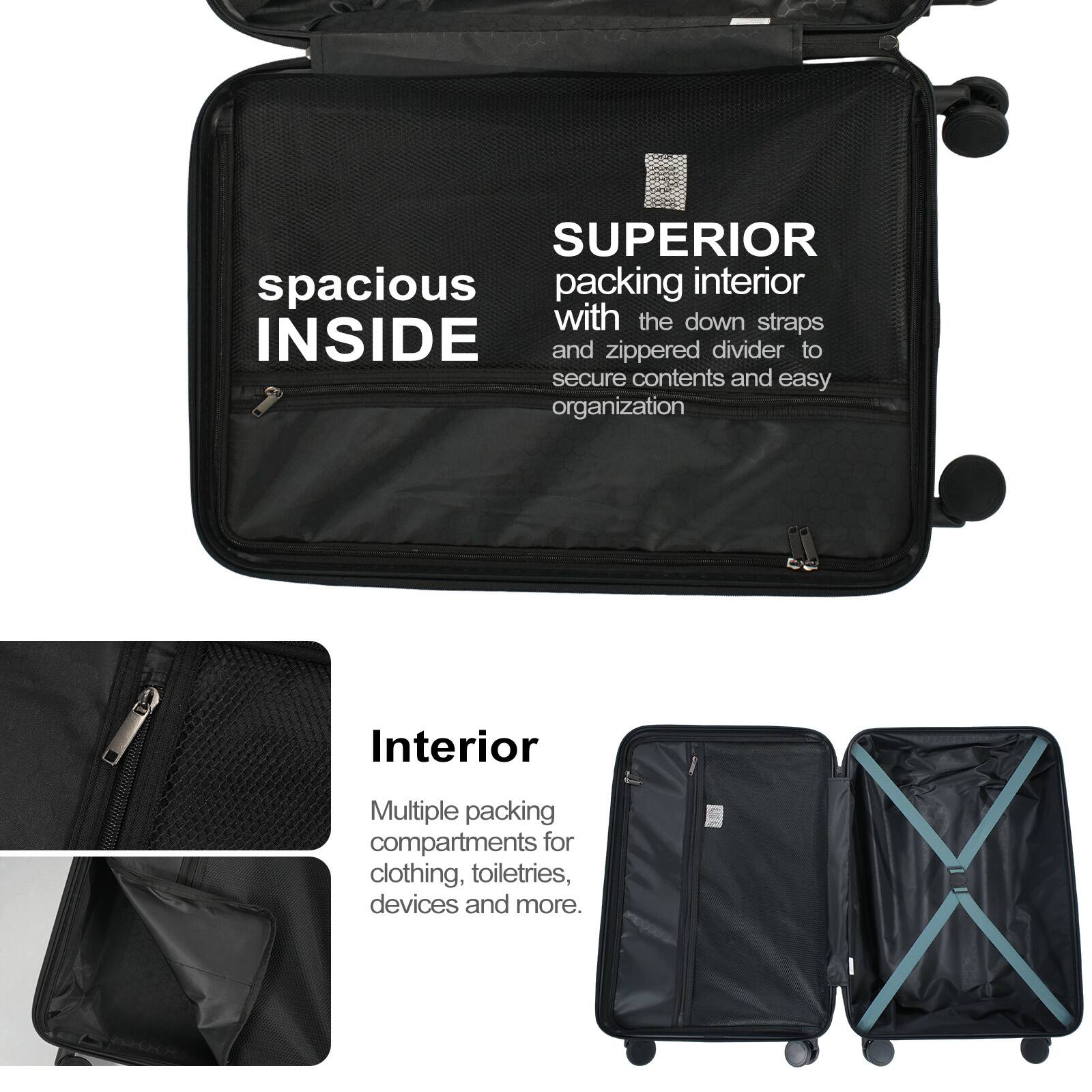 SUPERIOR spacious packing interior with the down straps INSIDE and zippered divider to secure contents and easy organization

Interior
Multiple packing compartments for clothing, toiletries, devices and more.