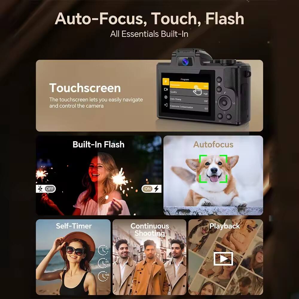 Auto-Focus, Touch, Flash  
All Essentials Built-In

Touchscreen  
The touchscreen lets you easily navigate and control the camera

Built-In Flash

Autofocus

Self-Timer

Continuous Shooting

Playback