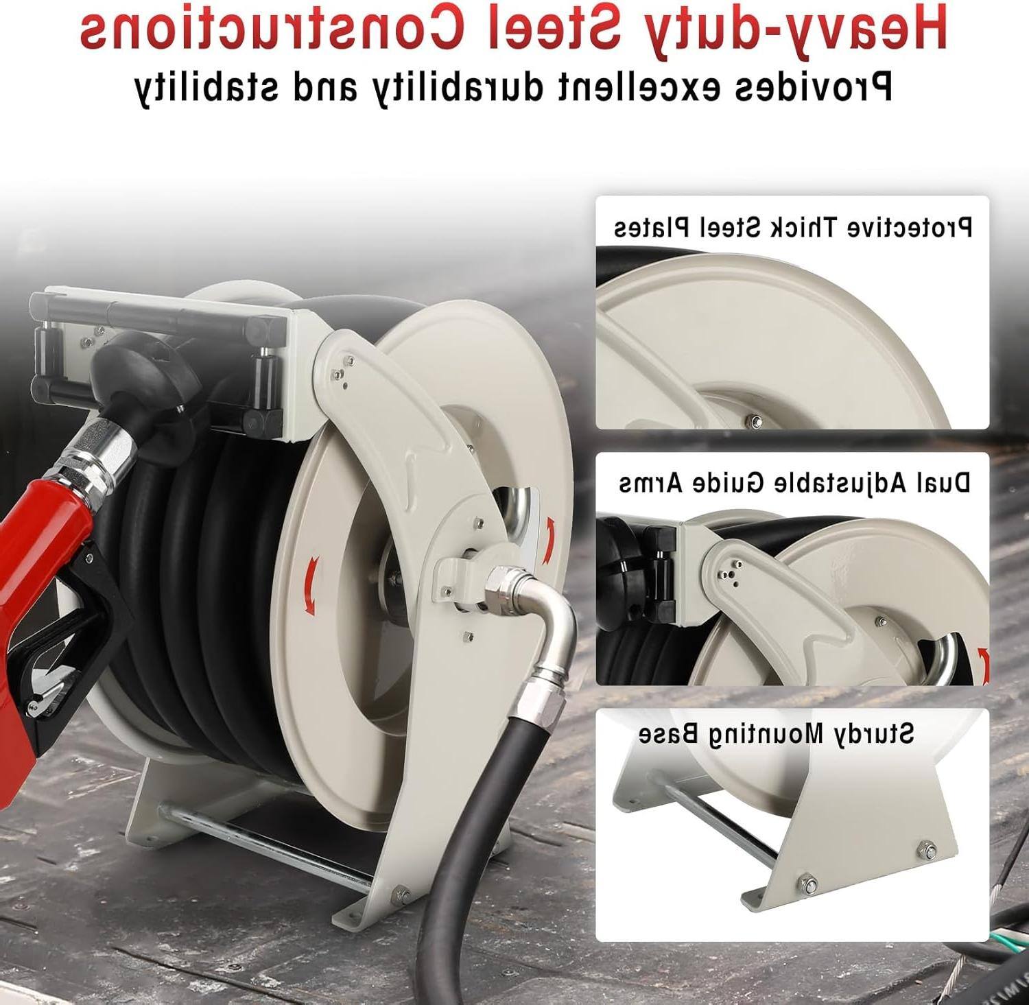 Sure, here is the corrected and grouped text from the image:

---

**Heavy-duty Construction Hose Reel**

- **Adjustable Dual Arms**
- **Thick Steel Protective Plates**
- **Sturdy Base Mounting**
- **Excellent Stability and Durability**

---

**Features:**

- **Quick Turn Handle**
- **Durable Adjustable Arms**
- **Sturdy Base Mounting**

---