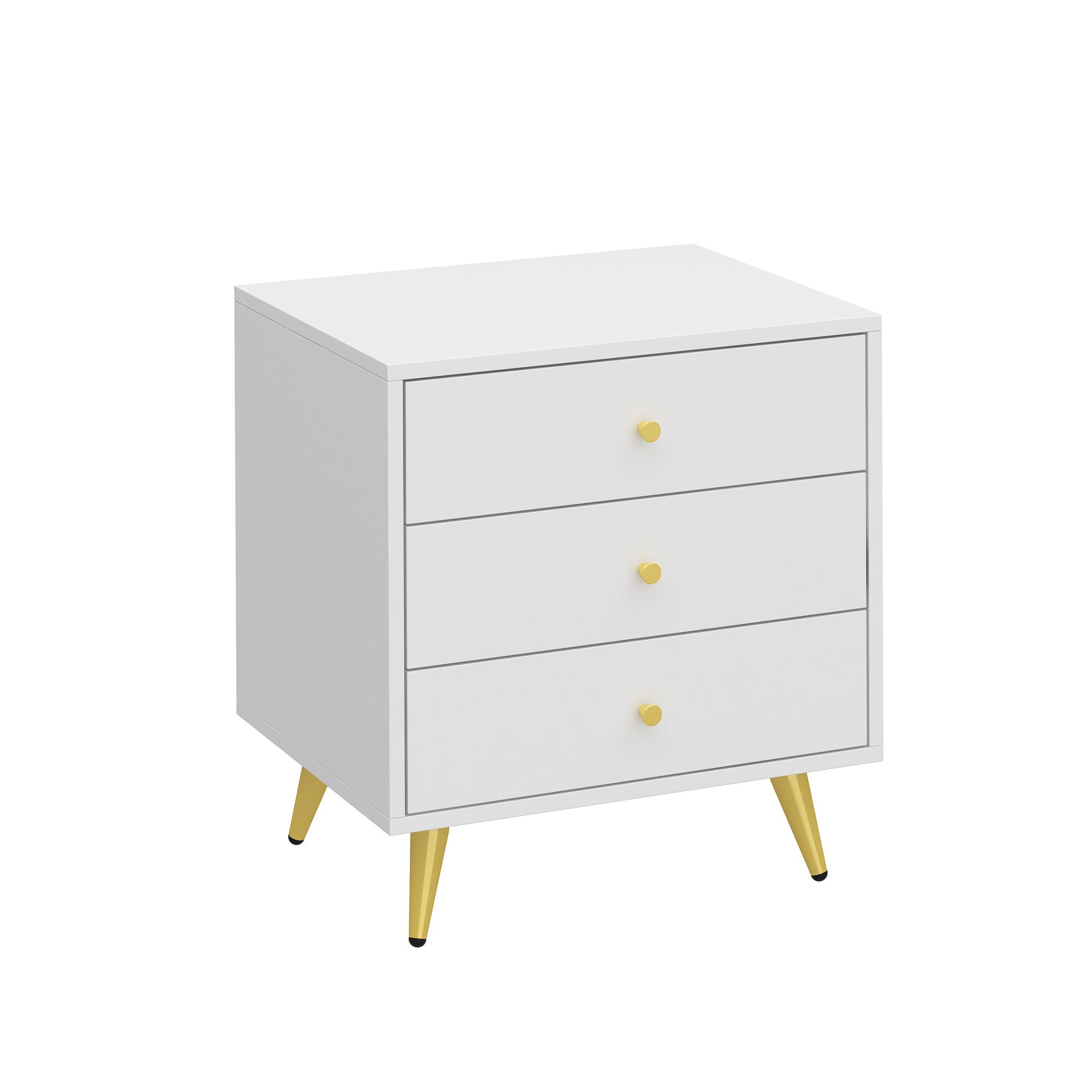 Angle. FUFU & GAGA - FUFU&GAGA Modern Nightstand with Gold Accents: 3 - Drawer Bedroom Organizer - White.