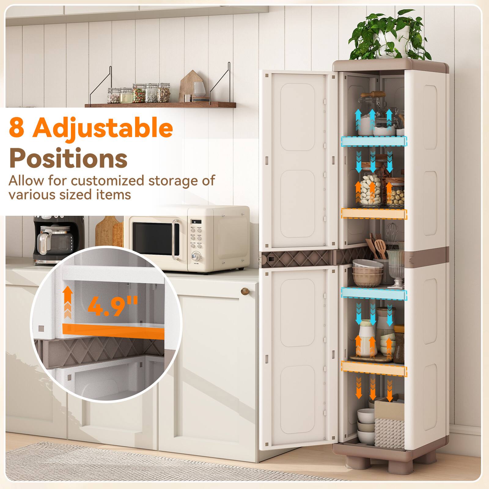 8 Adjustable Positions  
Allow for customized storage of various sized items  

4.9"