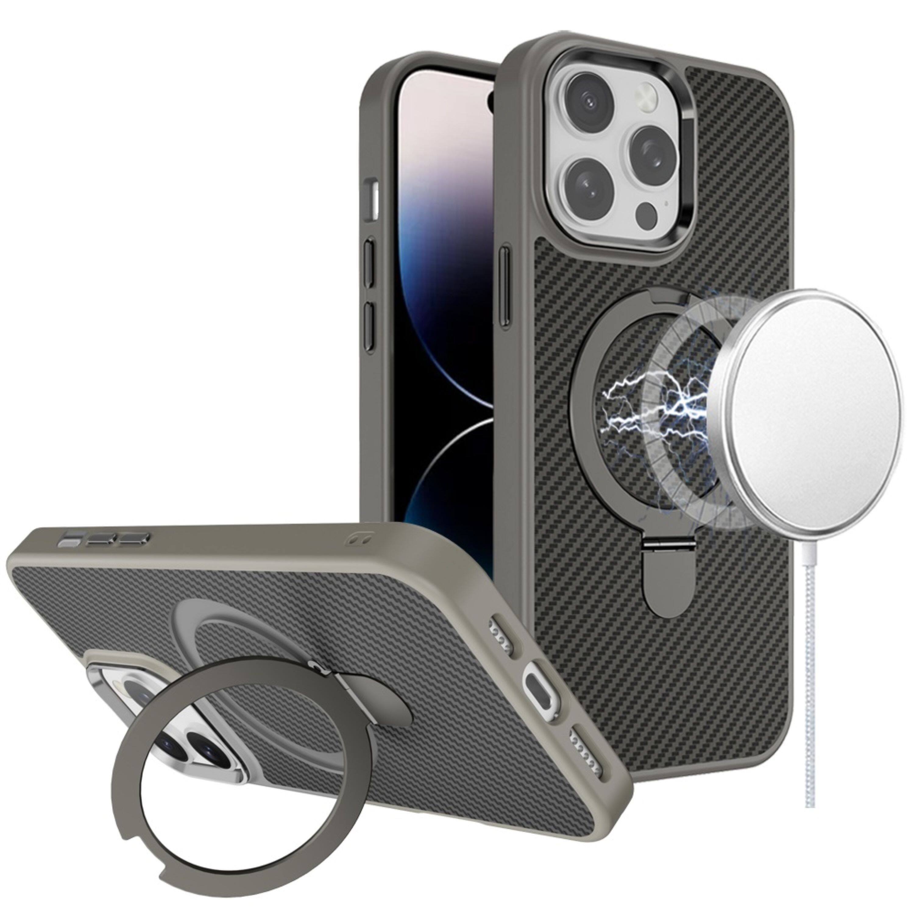 Angle. Kitcheniva - Carbon Fiber Magnetic Ring Stand Case For iPhone 14 Pro Max Gray - Gray.
