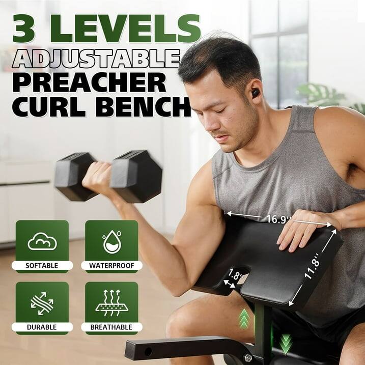 3 LEVELS ADJUSTABLE PREACHER CURL BENCH 16.9" SOFTABLE WATERPROOF 1.8" DURABLE BREATHABLE 11.8"