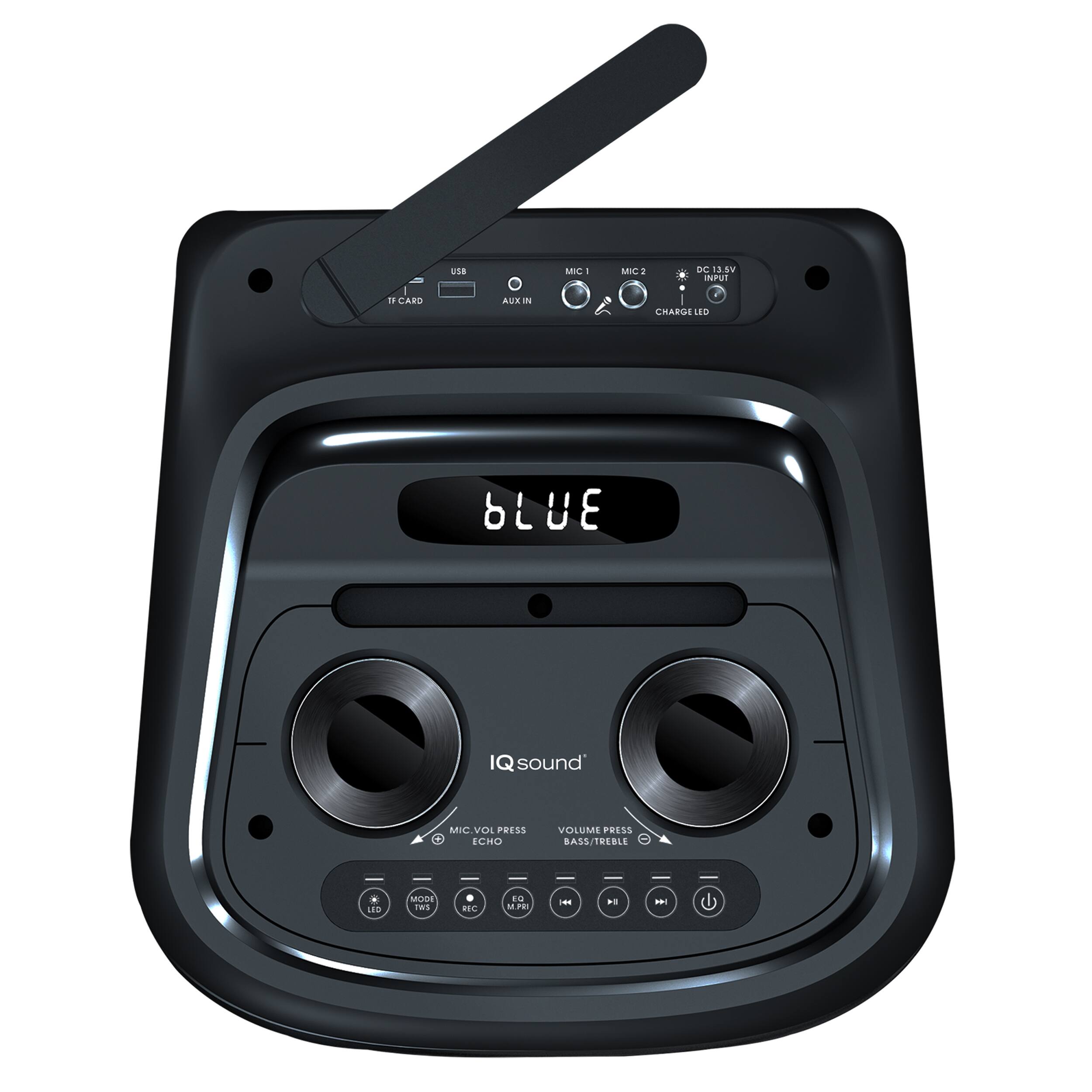 18 MO 1 MICY DC 35V inul - CARD AURIN N CHRI 4 bLUE IQ sound MIC VOL PRESS ECHO VOLUME PRESS BASS/TREBLE U IS MODE Iml P DI MP