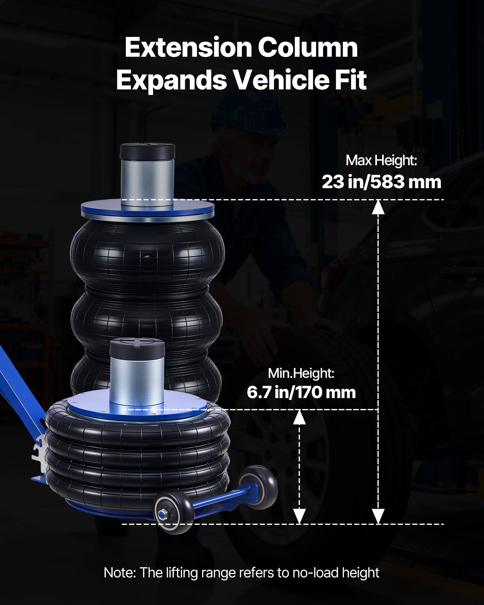 Extension Column Expands Vehicle Fit

Max Height: 23 in/583 mm

Min. Height: 6.7 in/170 mm

Note: The lifting range refers to no-load height