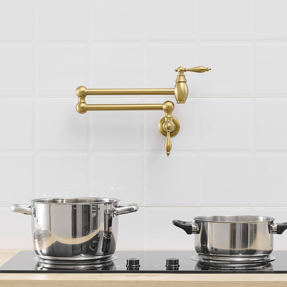 Alt View 3. Ropilly - Ropilly Wall Mount Pot Filler Faucet, Brushed Gold Brass Kitchen Folding Faucet with Dual Handles - Brushed Gold.