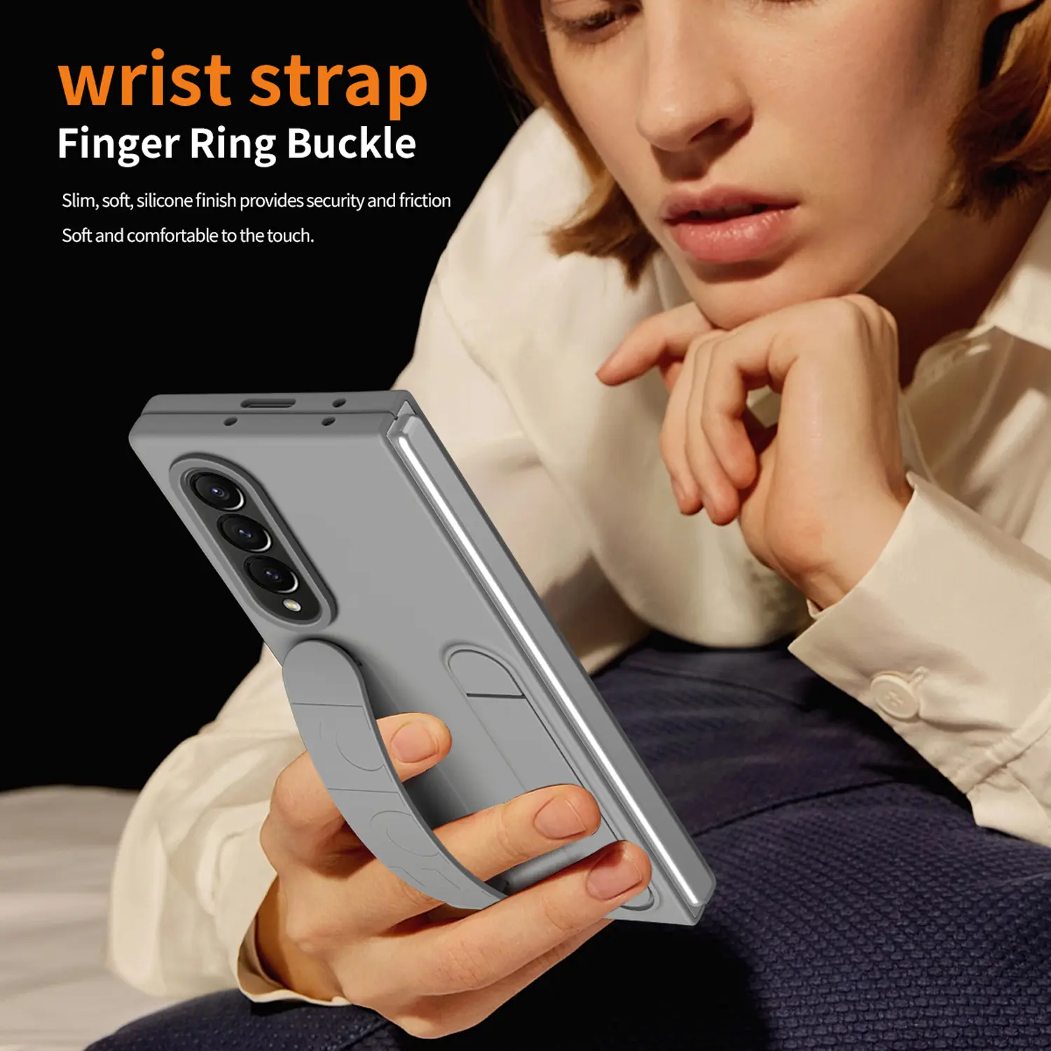 wrist strap  
Finger Ring Buckle  

Slim, soft, silicone finish provides security and friction  
Soft and comfortable to the touch.