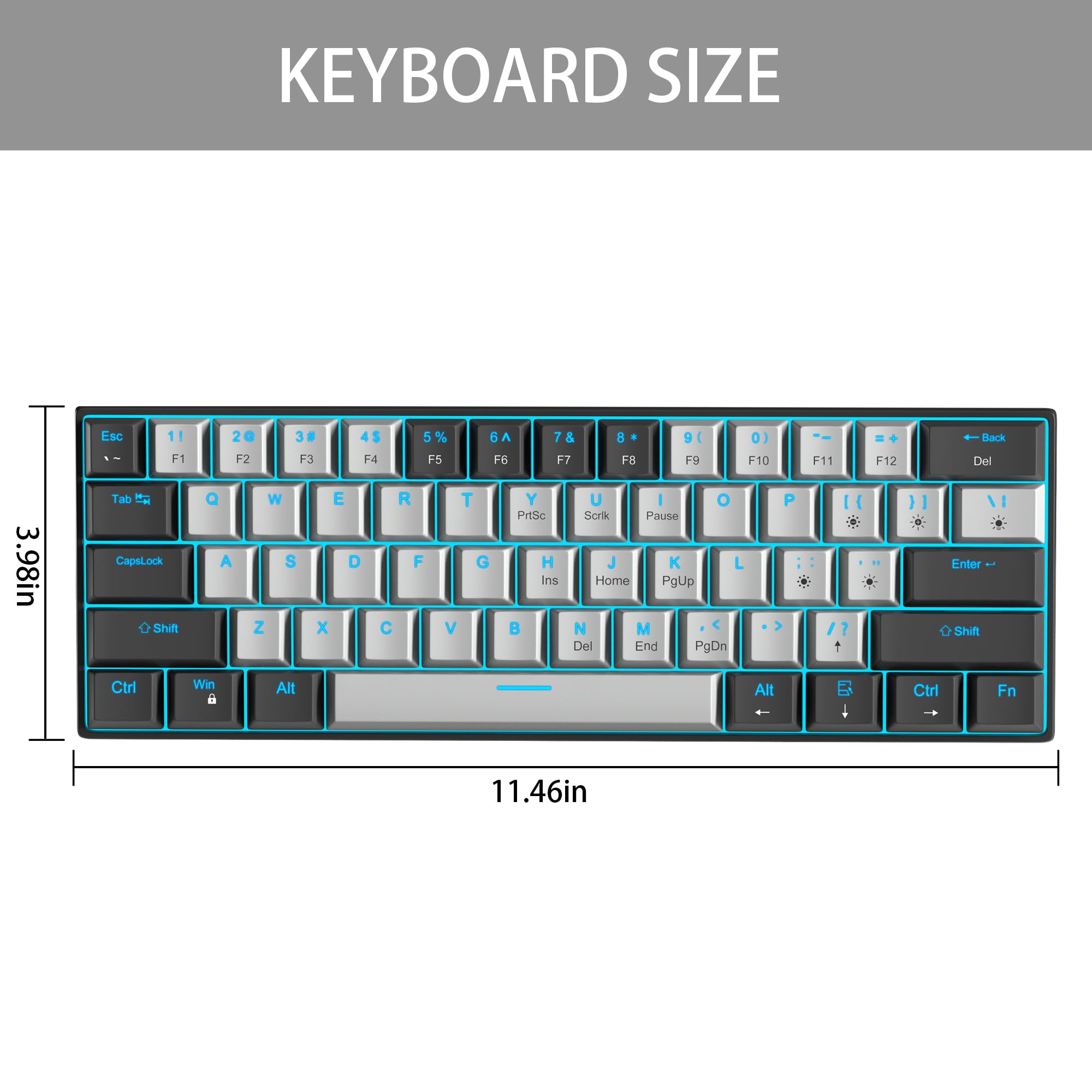 KEYBOARD SIZE

Esc 11 F1 20 F2 38 F3 43 F4 5% F5 6A F6 7 & F7 8 * F8 9 19 0) F10 F11 F12 Back Del 3.98in

Tab  CapsLock Shift Q A W S Z E D X R F C T G V Y PrtSc H Ins B U I O Sork Pause J K Home PgUp N M Del End PgDn P : I Enter 1 Shift Ctrl Win Alt Alt Ctrl Fn 11.46in