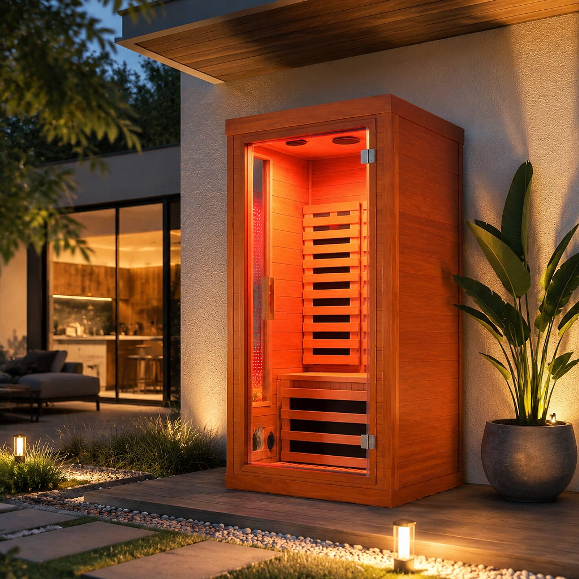 Angle. RYHNUYNE - One Person Far Infrared Sauna, Okoume Wood, Tempered Glass Door, 31.5 x 31.5 x 63.3 in, Bluetooth Audio, Red Light - Natural.