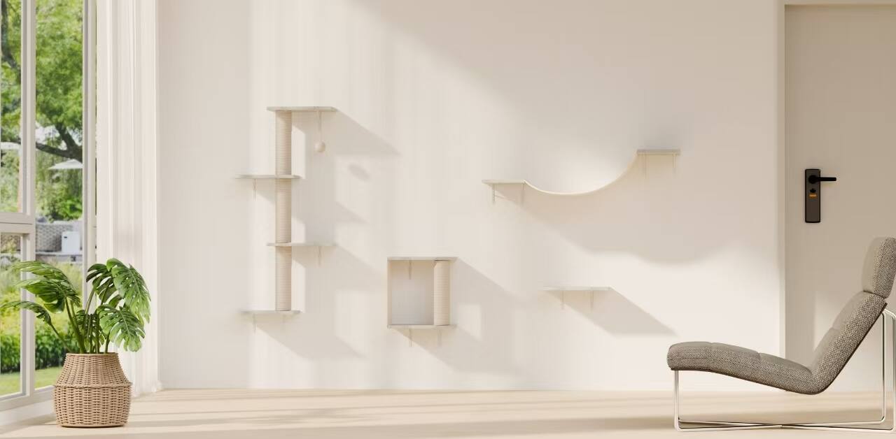 Angle. Siljoy - 4-Piece Wall-Mounted Cat Shelves Set with Bridge, Steps, Sisal Tree & Scratcher - Space-Saving Cat Wall Gym.