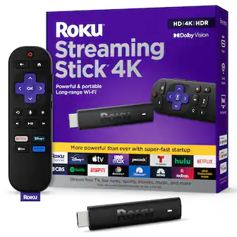Roku - Streaming Stick 4K - HDR & Dolby Vision Streaming Device for TV with Voice Remote & Long-Range Wi-Fi - Black